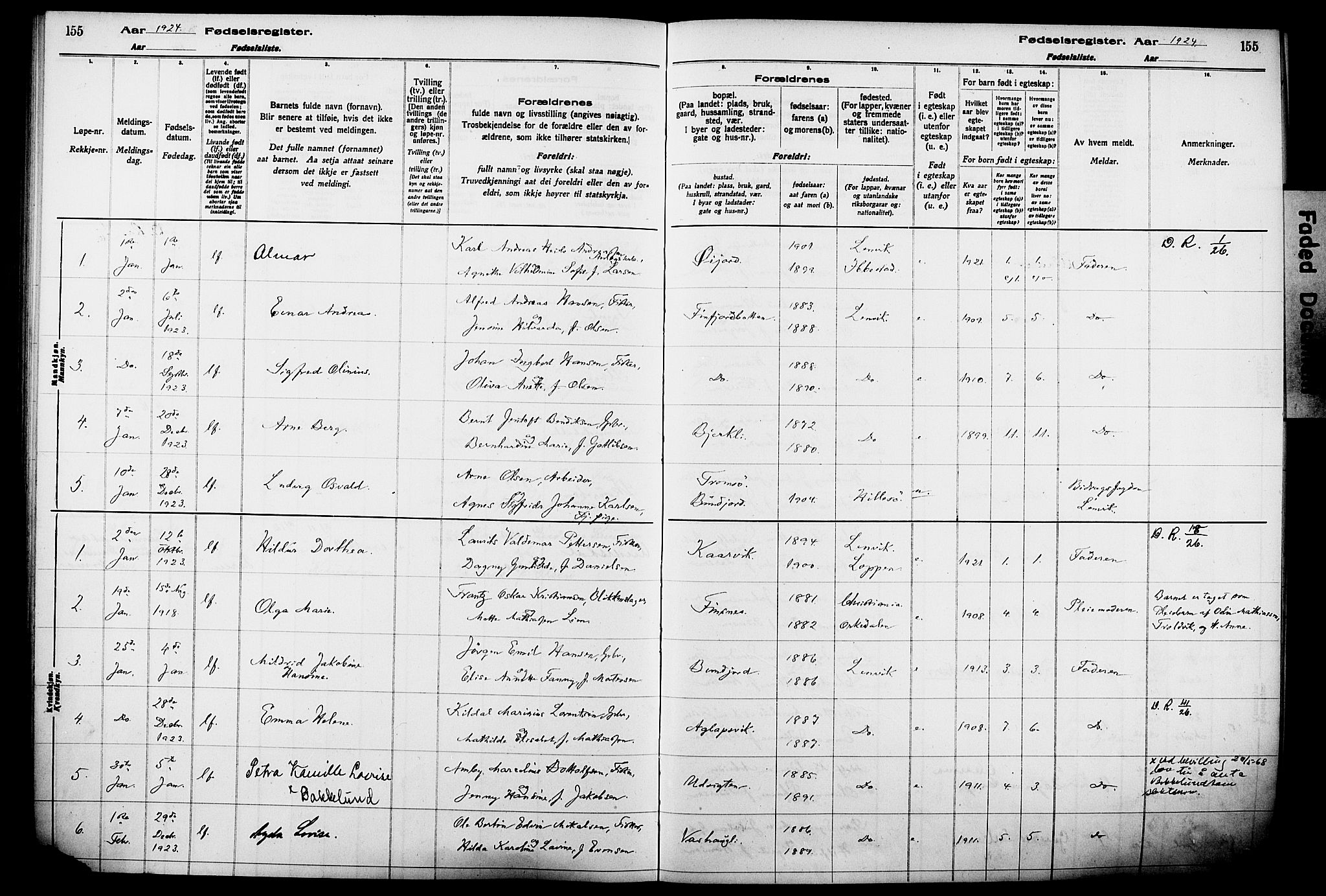 Lenvik sokneprestembete, AV/SATØ-S-1310/I/Ic/L0089: Birth register no. 89, 1916-1926, p. 155