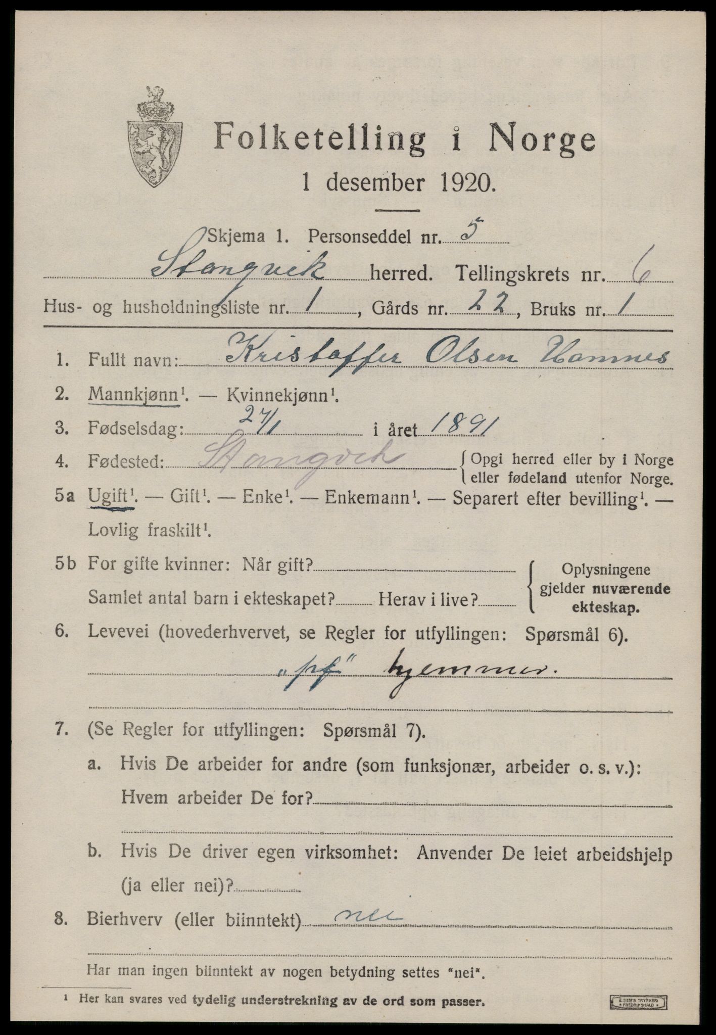 SAT, 1920 census for Stangvik, 1920, p. 3832