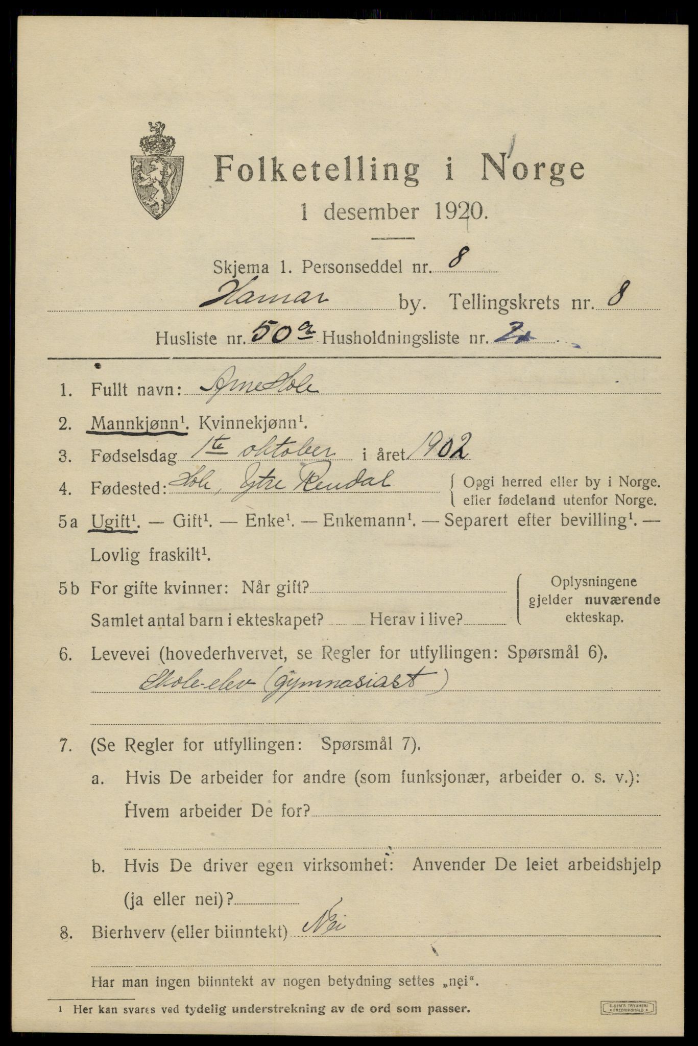 SAH, 1920 census for Hamar, 1920, p. 15839