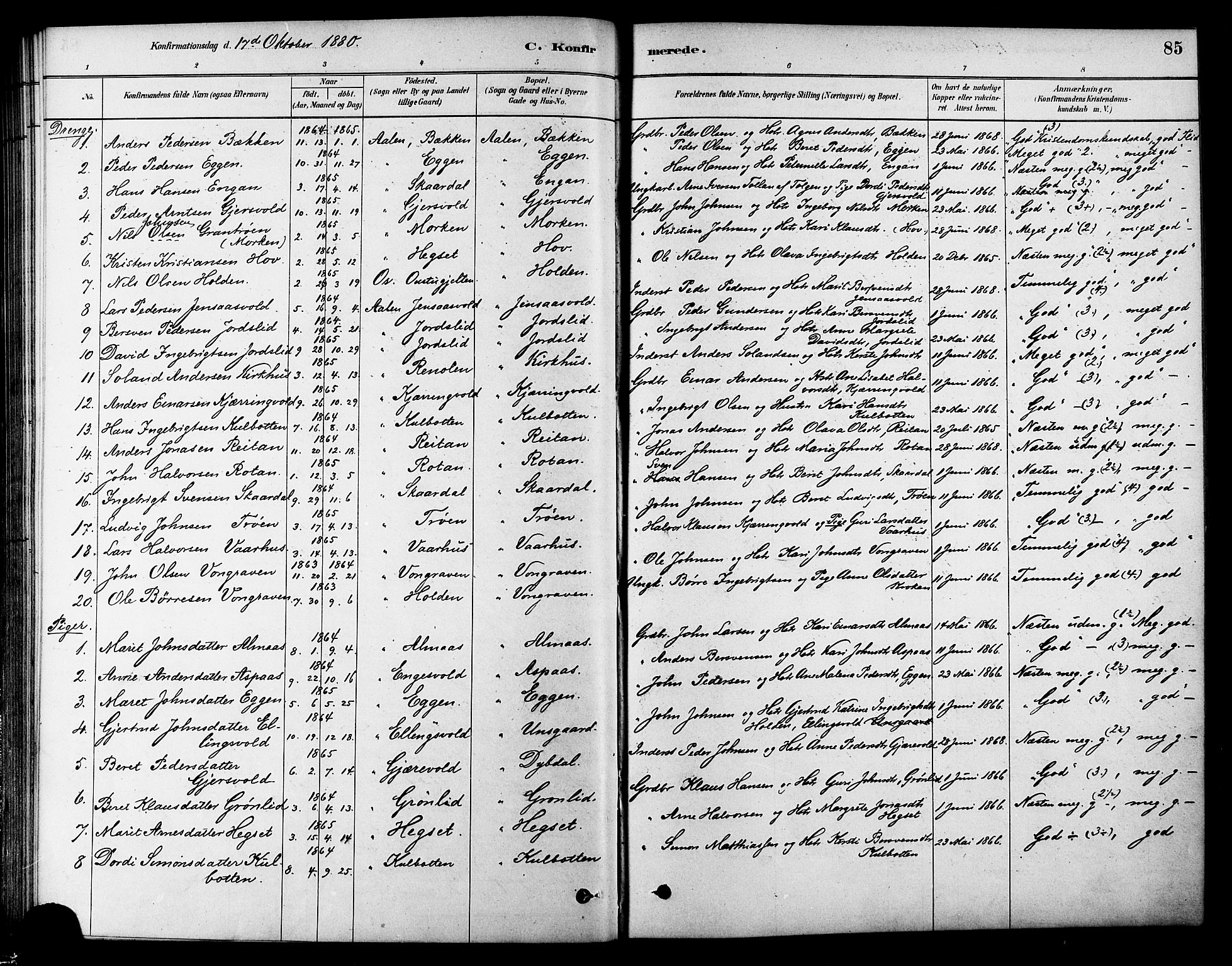 Ministerialprotokoller, klokkerbøker og fødselsregistre - Sør-Trøndelag, SAT/A-1456/686/L0983: Parish register (official) no. 686A01, 1879-1890, p. 85