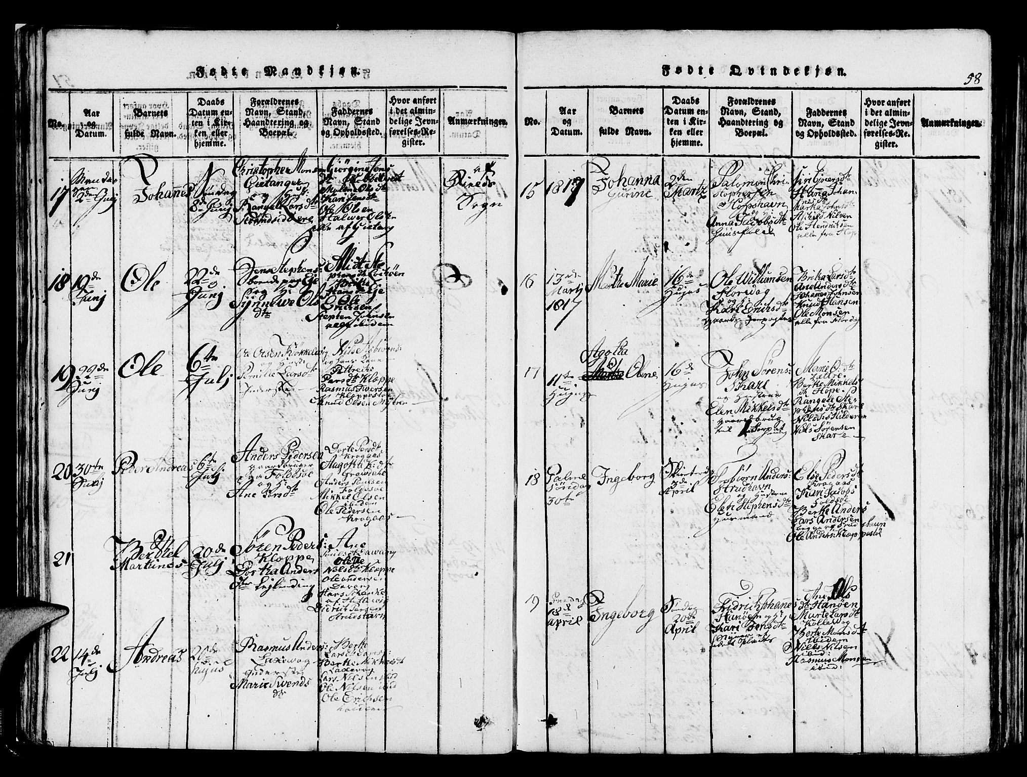 Askøy Sokneprestembete, SAB/A-74101/H/Ha/Haa/Haaa/L0003: Parish register (official) no. A 3, 1815-1825, p. 58