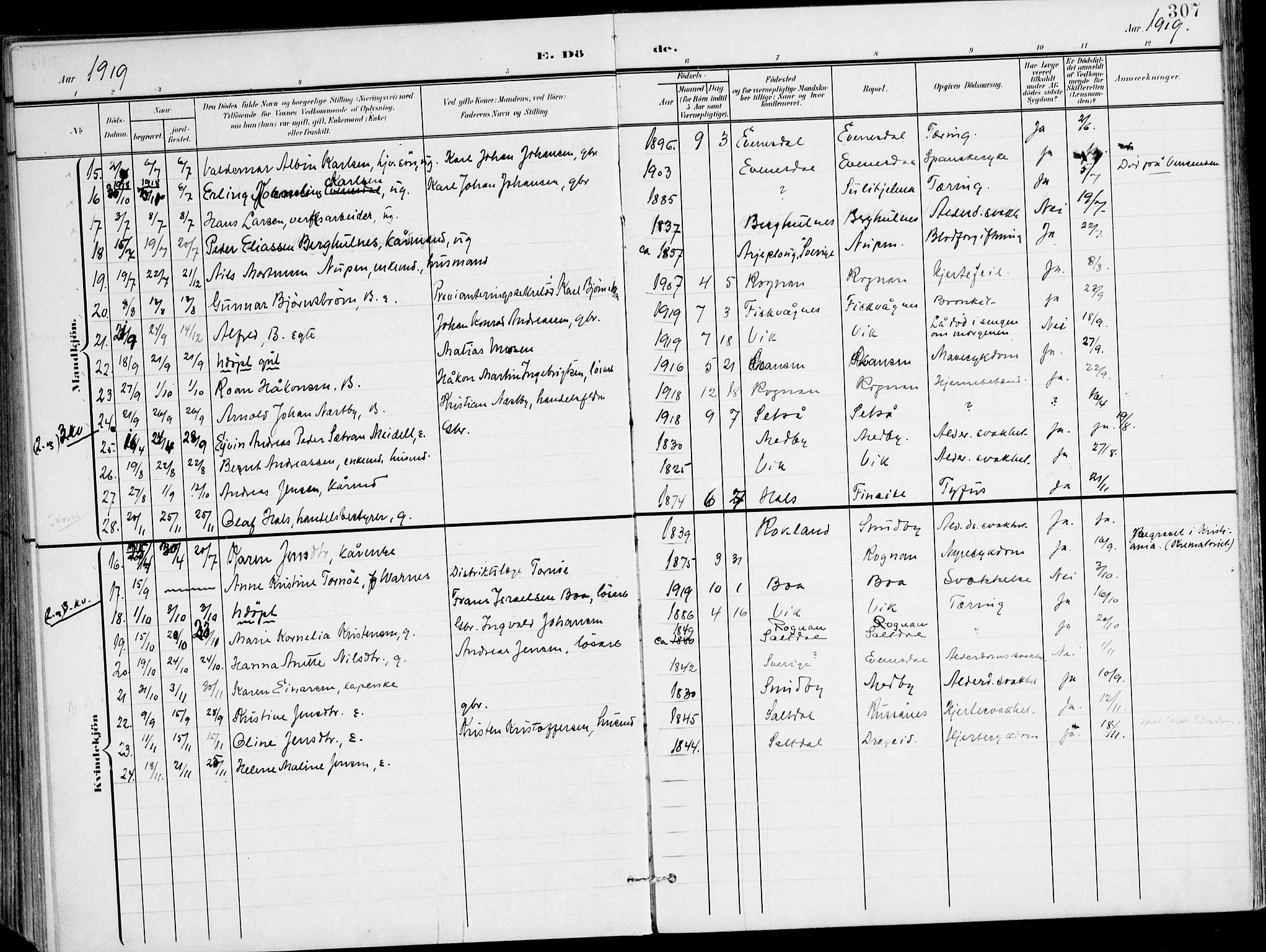 Ministerialprotokoller, klokkerbøker og fødselsregistre - Nordland, AV/SAT-A-1459/847/L0672: Parish register (official) no. 847A12, 1902-1919, p. 307