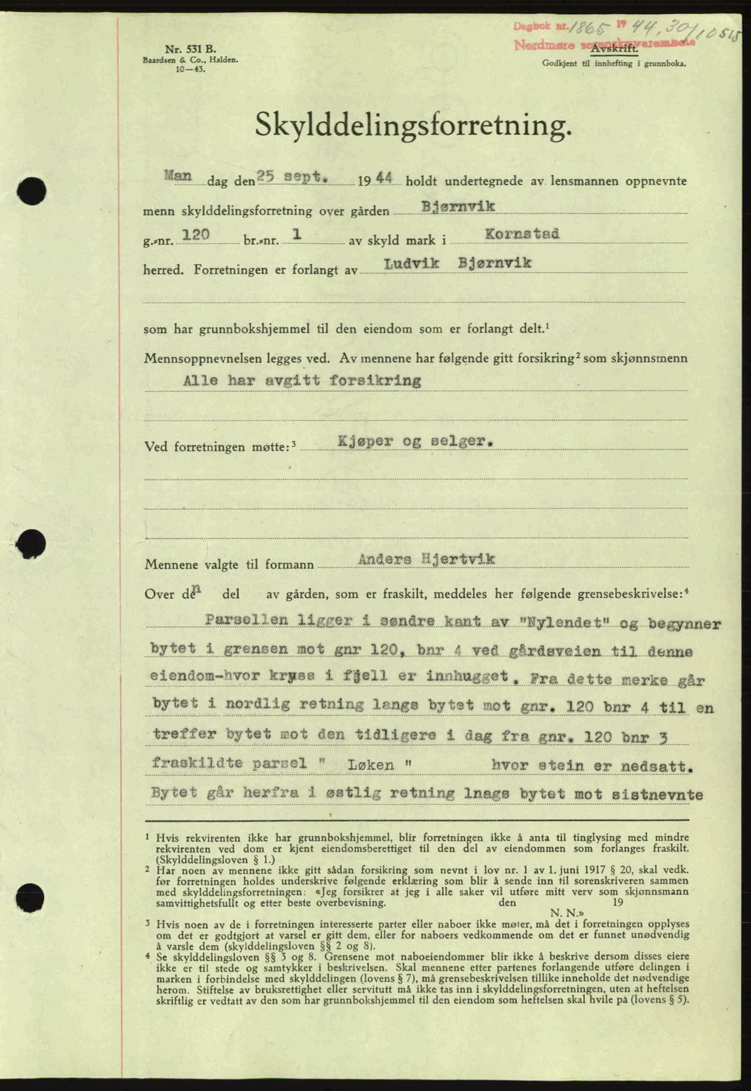 Nordmøre sorenskriveri, AV/SAT-A-4132/1/2/2Ca: Mortgage book no. A98, 1944-1944, Diary no: : 1865/1944