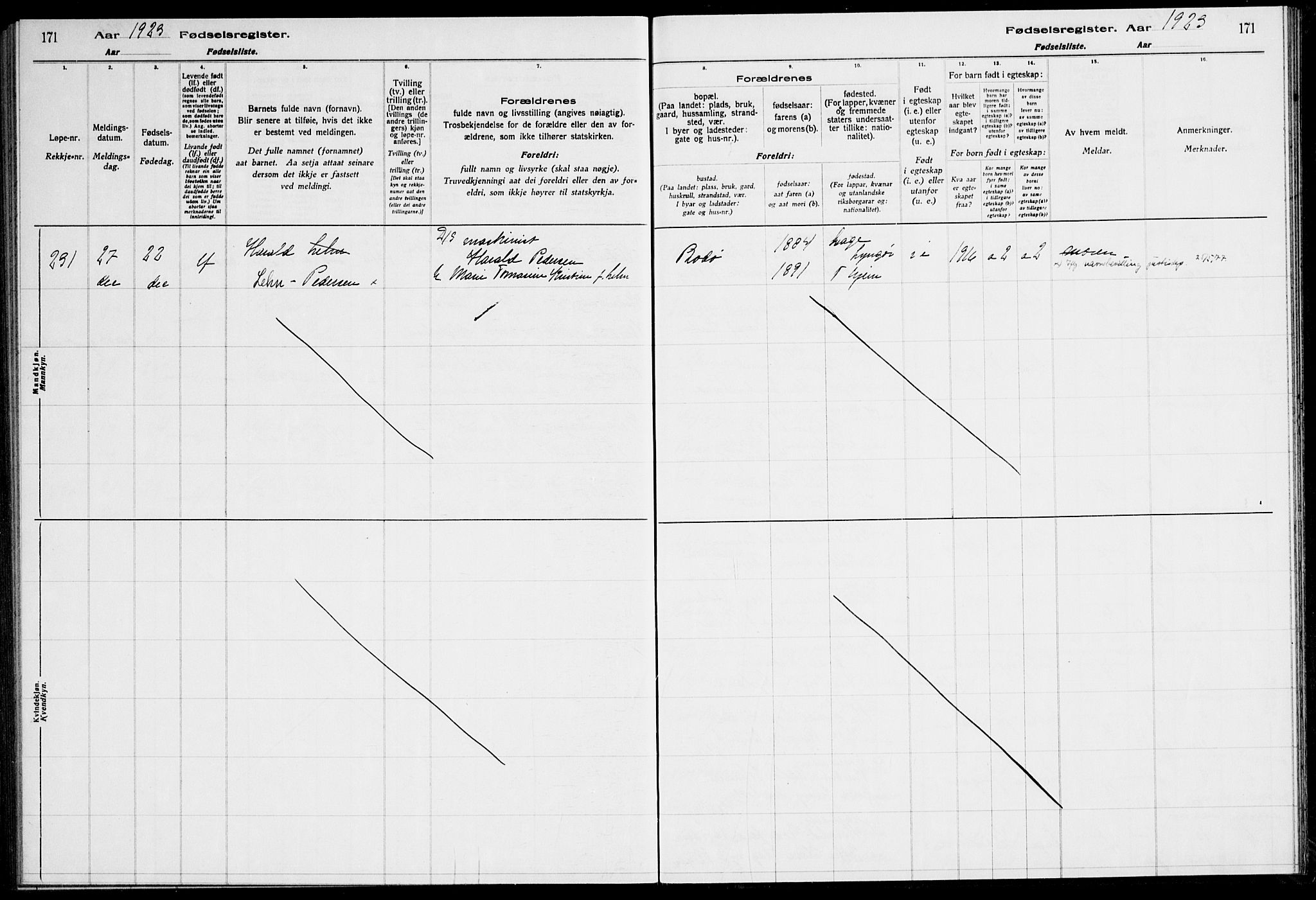 Ministerialprotokoller, klokkerbøker og fødselsregistre - Sør-Trøndelag, AV/SAT-A-1456/600/L0003: Birth register no. 600.II.4.2, 1920-1924, p. 171