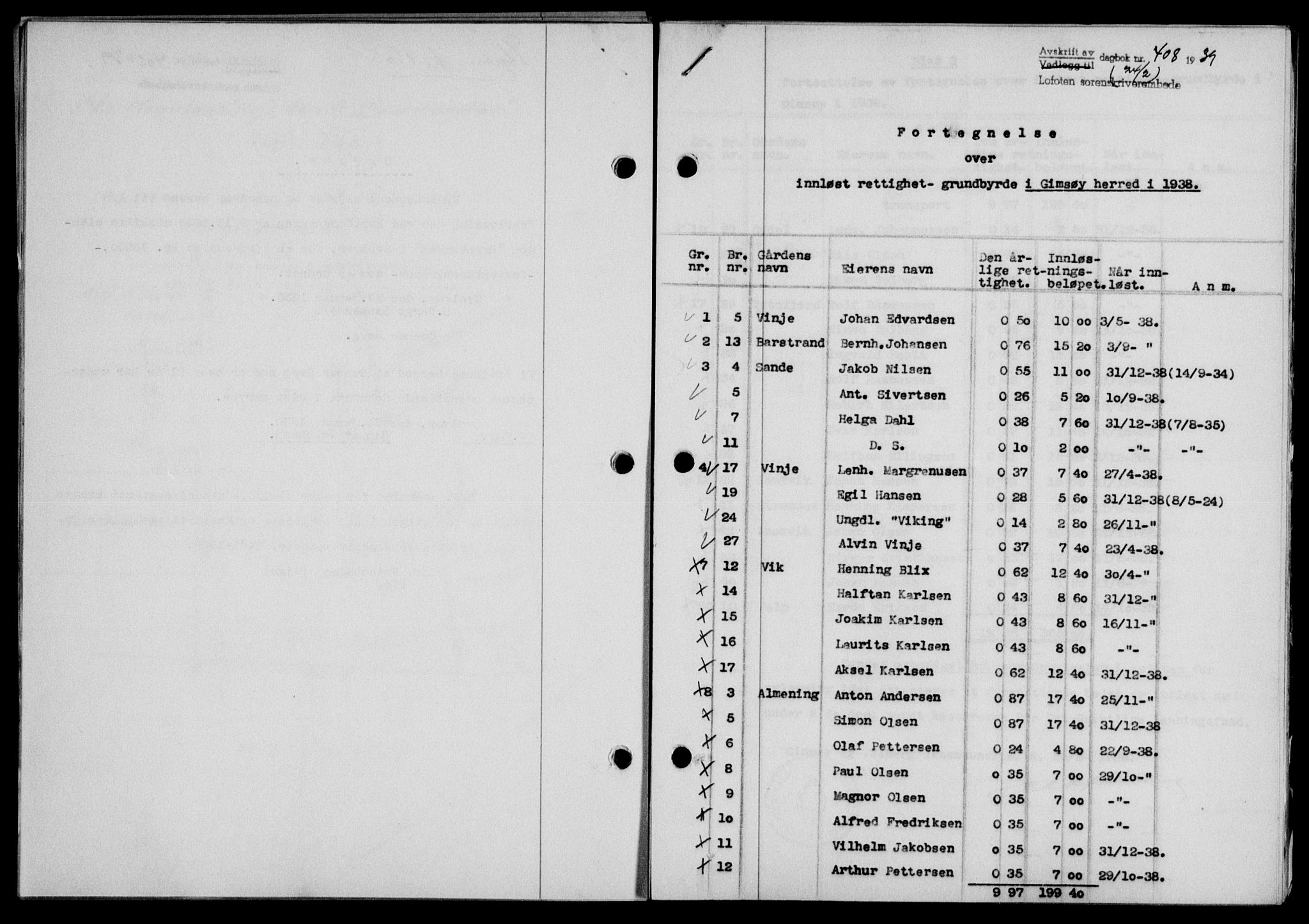 Lofoten sorenskriveri, SAT/A-0017/1/2/2C/L0005a: Mortgage book no. 5a, 1939-1939, Diary no: : 408/1939