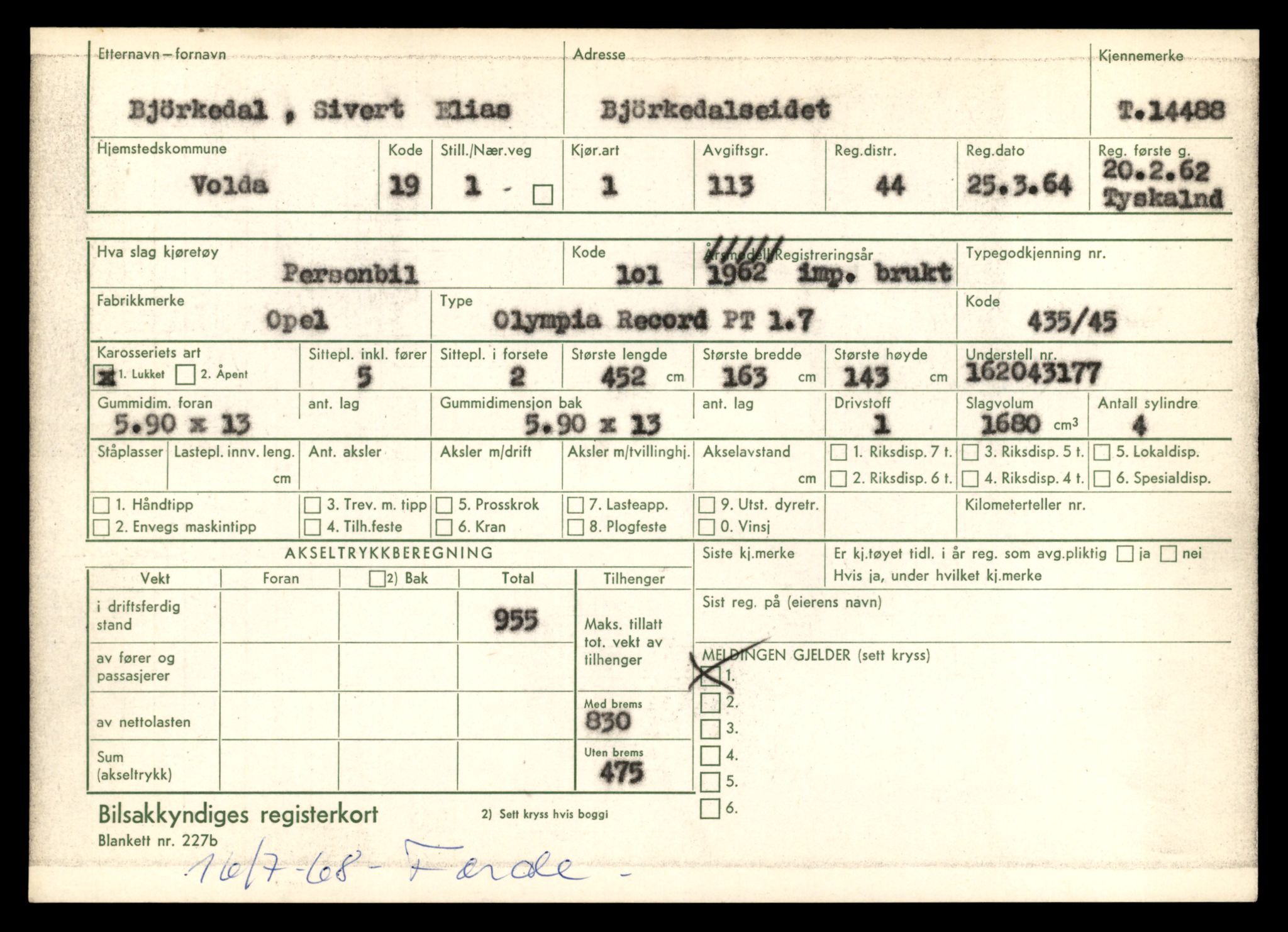 Møre og Romsdal vegkontor - Ålesund trafikkstasjon, AV/SAT-A-4099/F/Fe/L0046: Registreringskort for kjøretøy T 14445 - T 14579, 1927-1998
