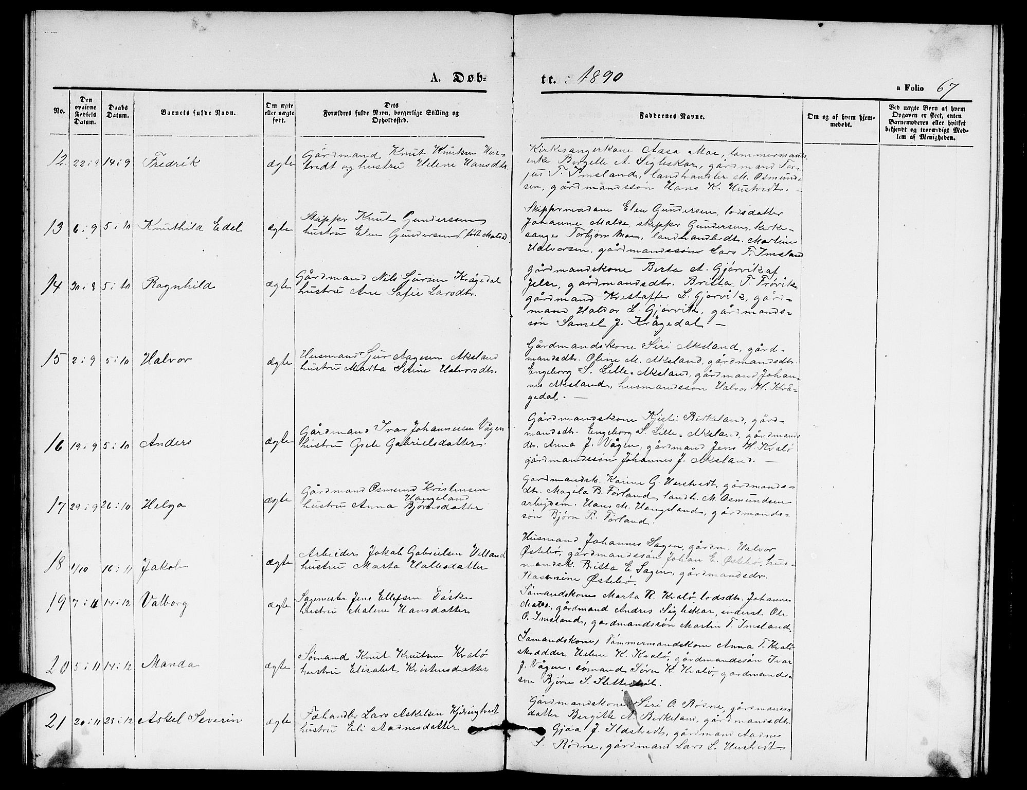 Vikedal sokneprestkontor, AV/SAST-A-101840/01/V: Parish register (copy) no. B 4, 1868-1890, p. 67