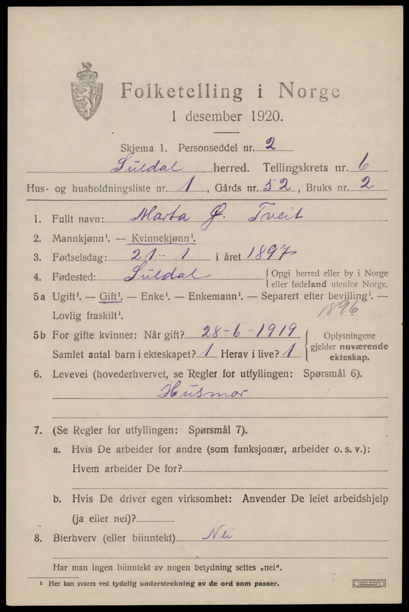 SAST, 1920 census for Suldal, 1920, p. 1594