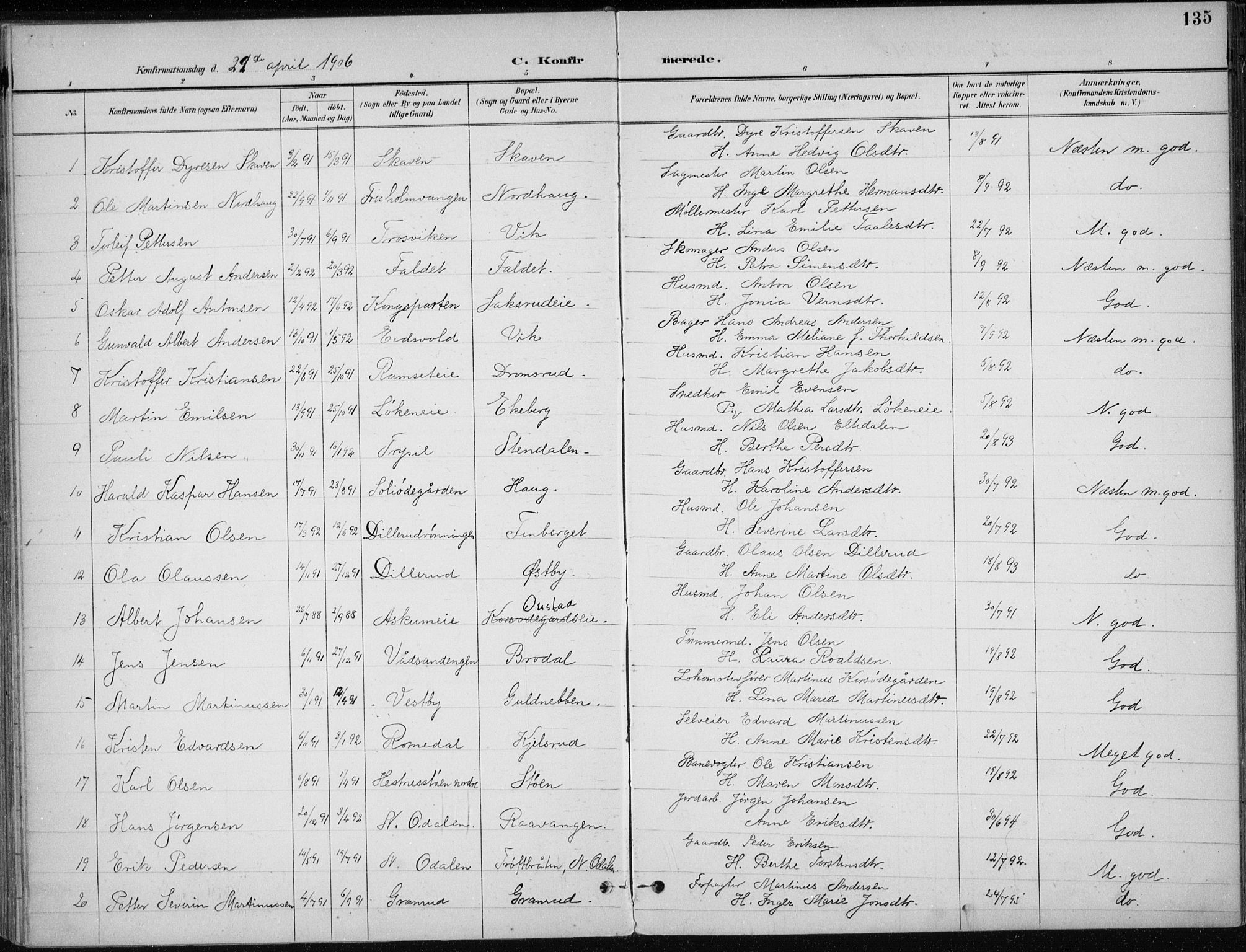 Stange prestekontor, SAH/PREST-002/K/L0023: Parish register (official) no. 23, 1897-1920, p. 135