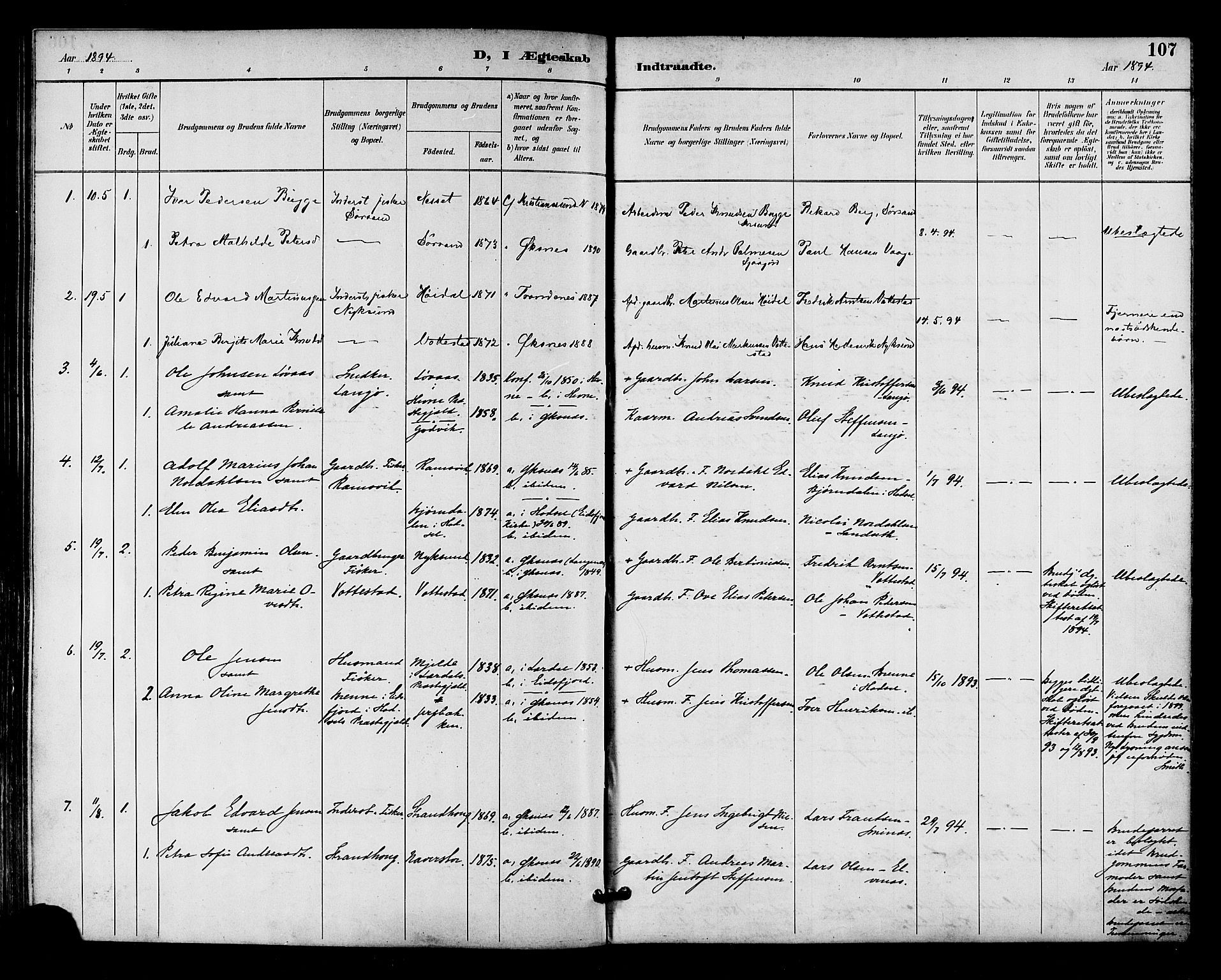 Ministerialprotokoller, klokkerbøker og fødselsregistre - Nordland, AV/SAT-A-1459/893/L1338: Parish register (official) no. 893A10, 1894-1903, p. 107