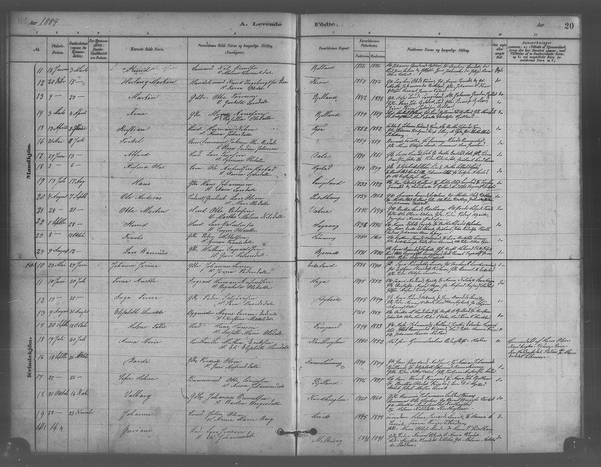 Stord sokneprestembete, SAB/A-78201/H/Hab: Parish register (copy) no. A 2, 1879-1909, p. 20