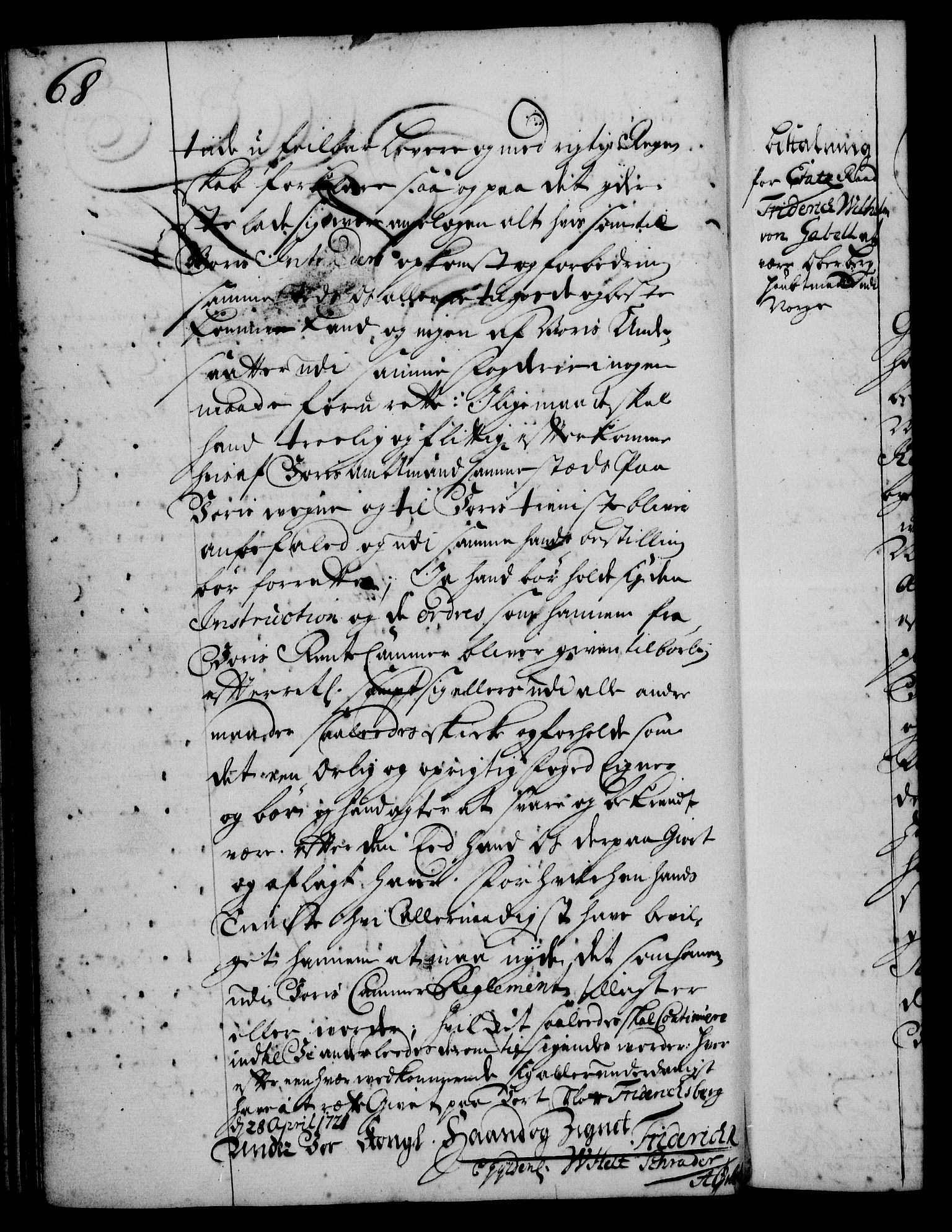 Rentekammeret, Kammerkanselliet, RA/EA-3111/G/Gg/Gge/L0001: Norsk bestallingsprotokoll med register (merket RK 53.25), 1720-1730, p. 68