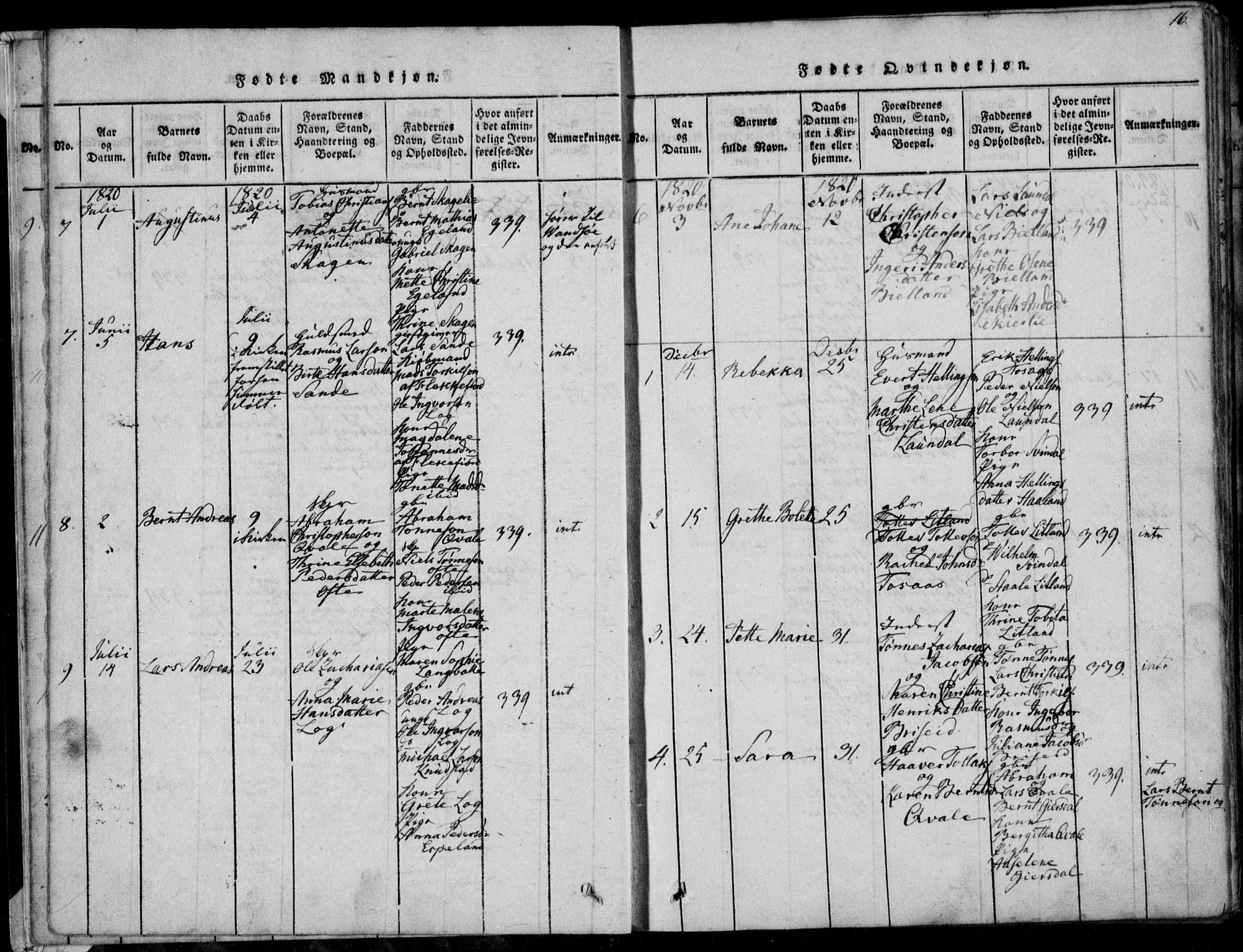 Herad sokneprestkontor, AV/SAK-1111-0018/F/Fa/Faa/L0003: Parish register (official) no. A 3, 1816-1844, p. 16