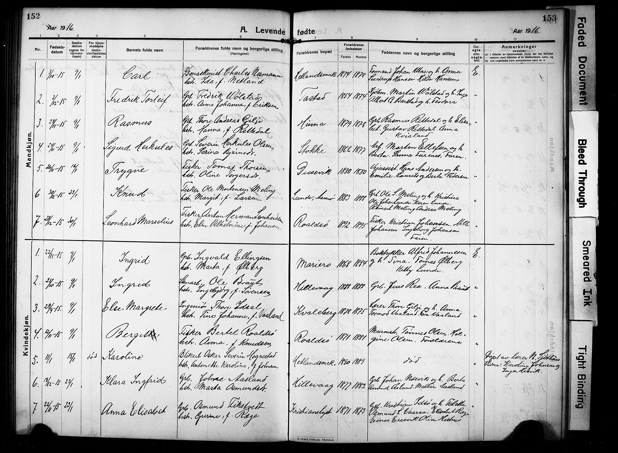 Hetland sokneprestkontor, SAST/A-101826/30/30BB/L0008: Parish register (copy) no. B 8, 1910-1921, p. 152-153