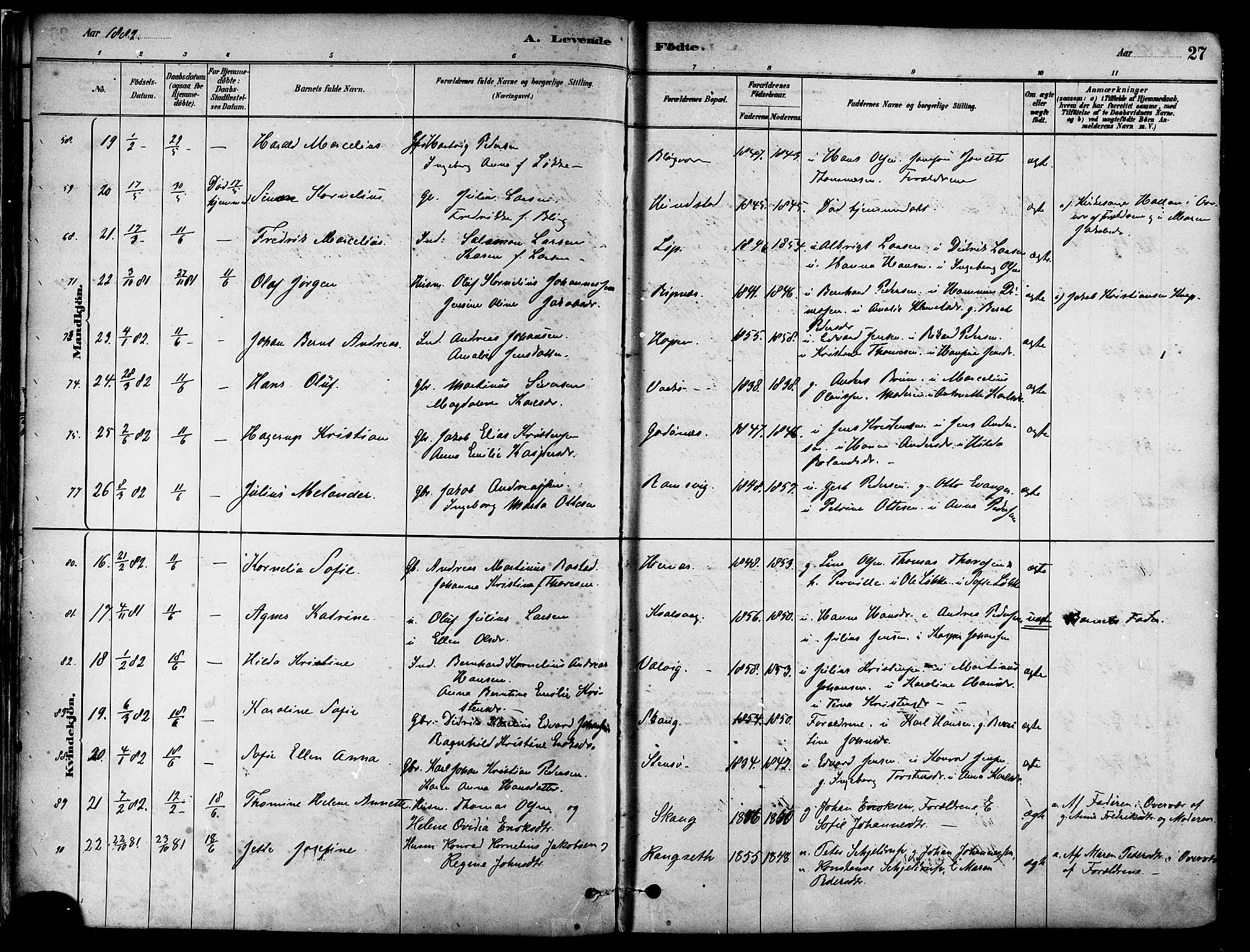 Ministerialprotokoller, klokkerbøker og fødselsregistre - Nordland, SAT/A-1459/802/L0054: Parish register (official) no. 802A01, 1879-1893, p. 27