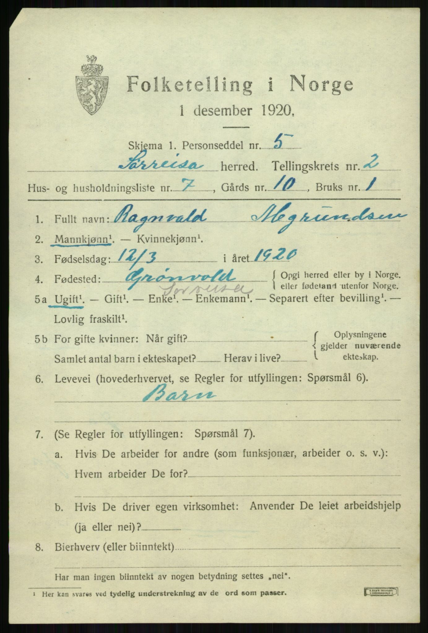 SATØ, 1920 census for Sørreisa, 1920, p. 1037