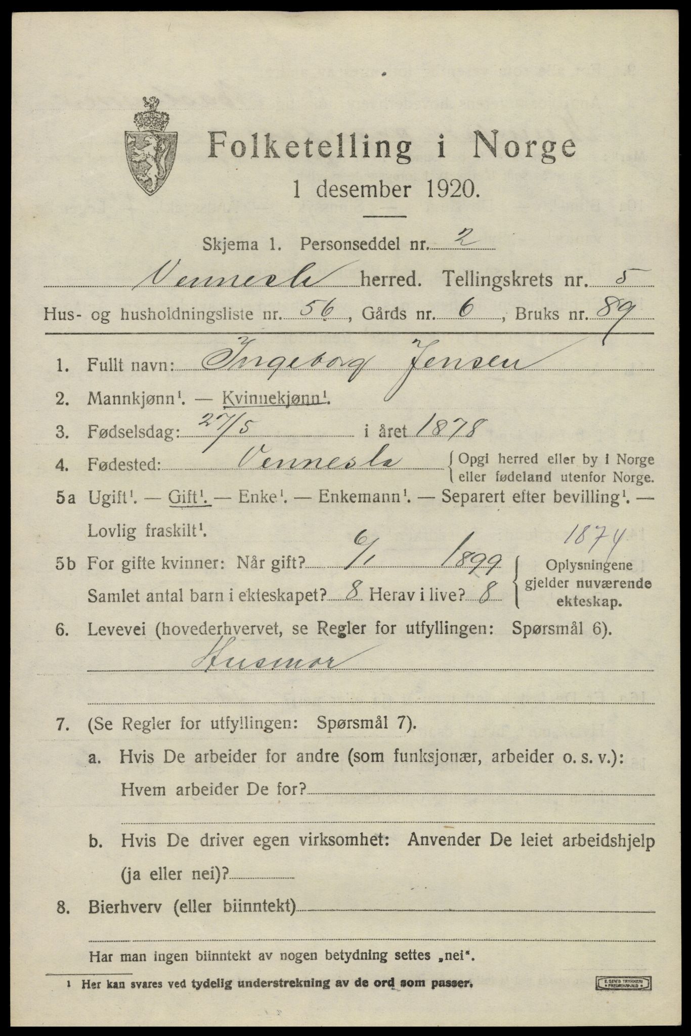 SAK, 1920 census for Vennesla, 1920, p. 4136