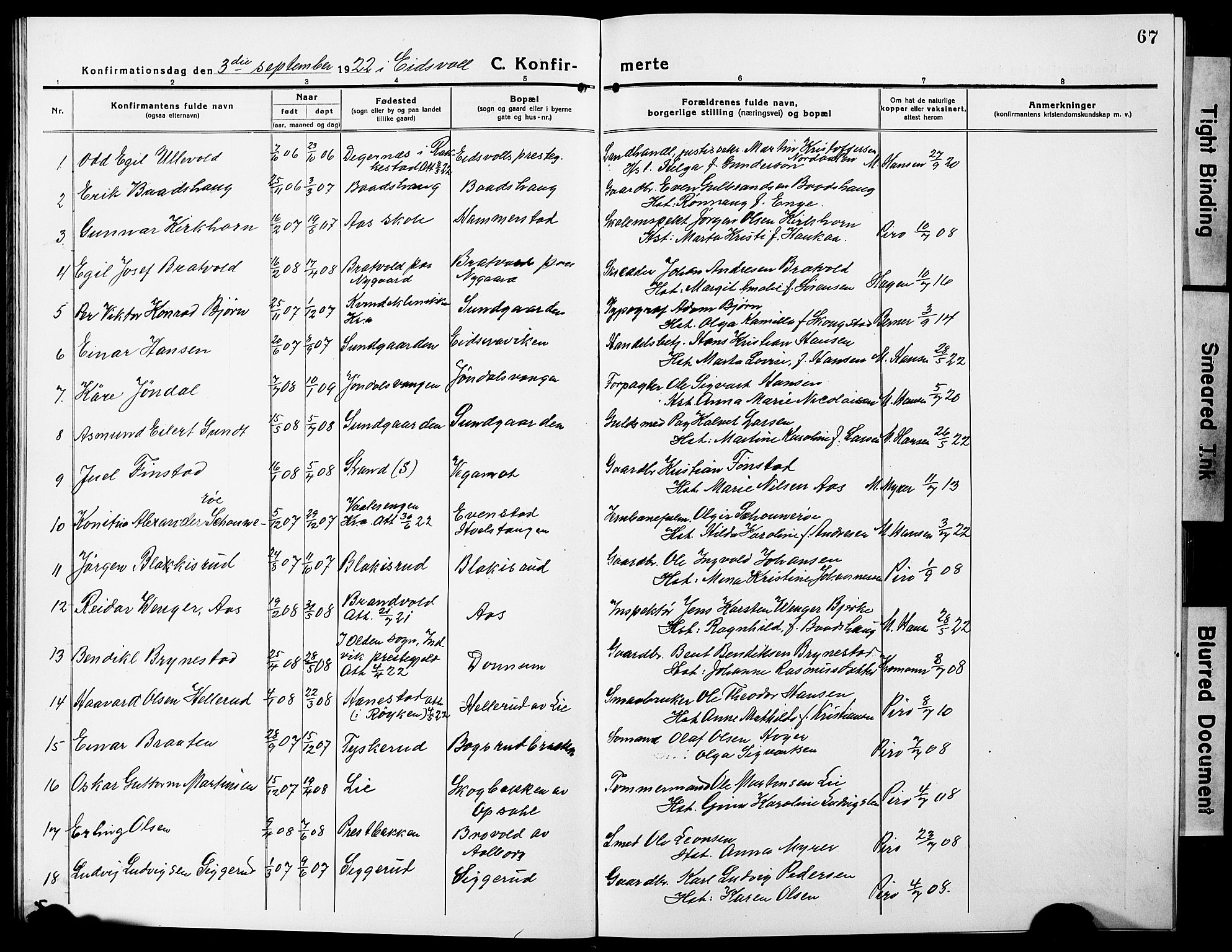 Eidsvoll prestekontor Kirkebøker, SAO/A-10888/G/Ga/L0009: Parish register (copy) no. I 9, 1914-1927, p. 67