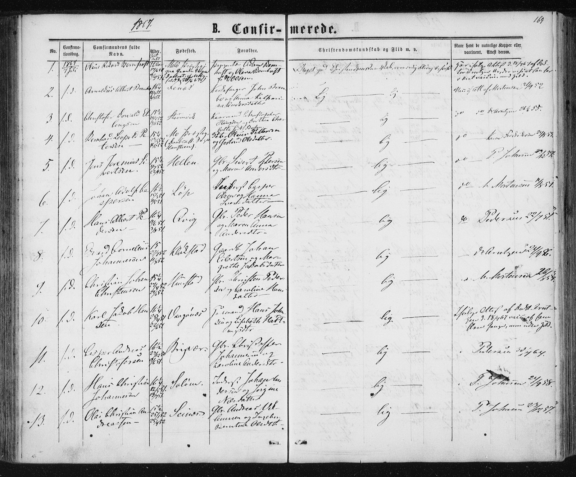 Ministerialprotokoller, klokkerbøker og fødselsregistre - Nordland, SAT/A-1459/801/L0008: Parish register (official) no. 801A08, 1864-1875, p. 169