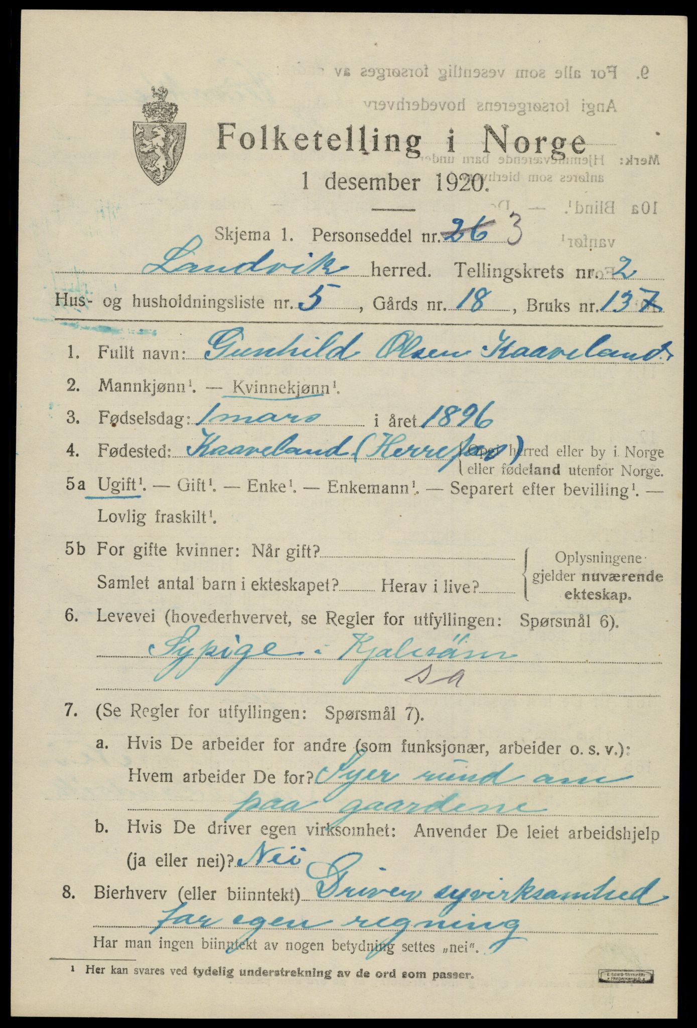 SAK, 1920 census for Landvik, 1920, p. 1822