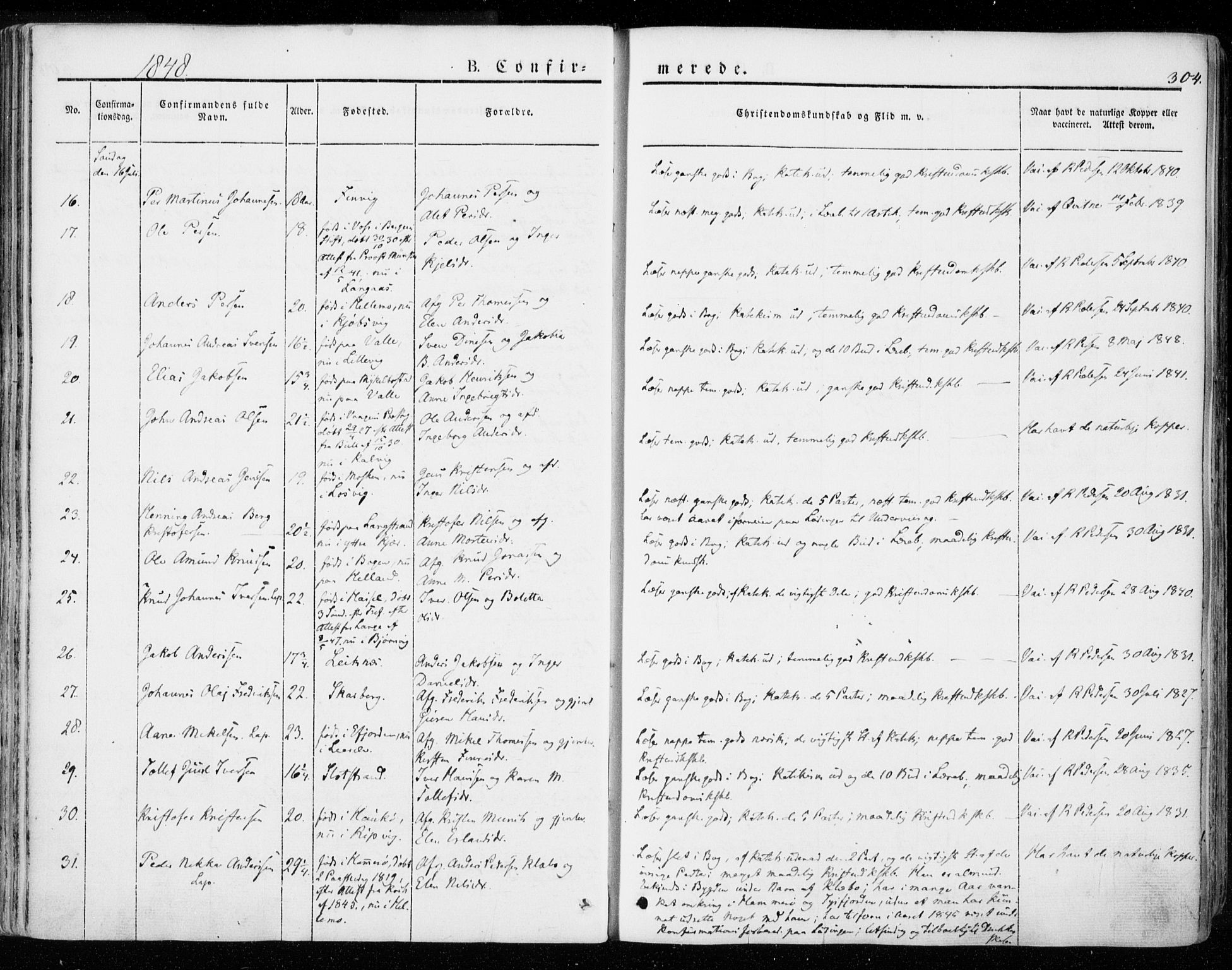 Ministerialprotokoller, klokkerbøker og fødselsregistre - Nordland, SAT/A-1459/872/L1033: Parish register (official) no. 872A08, 1840-1863, p. 304