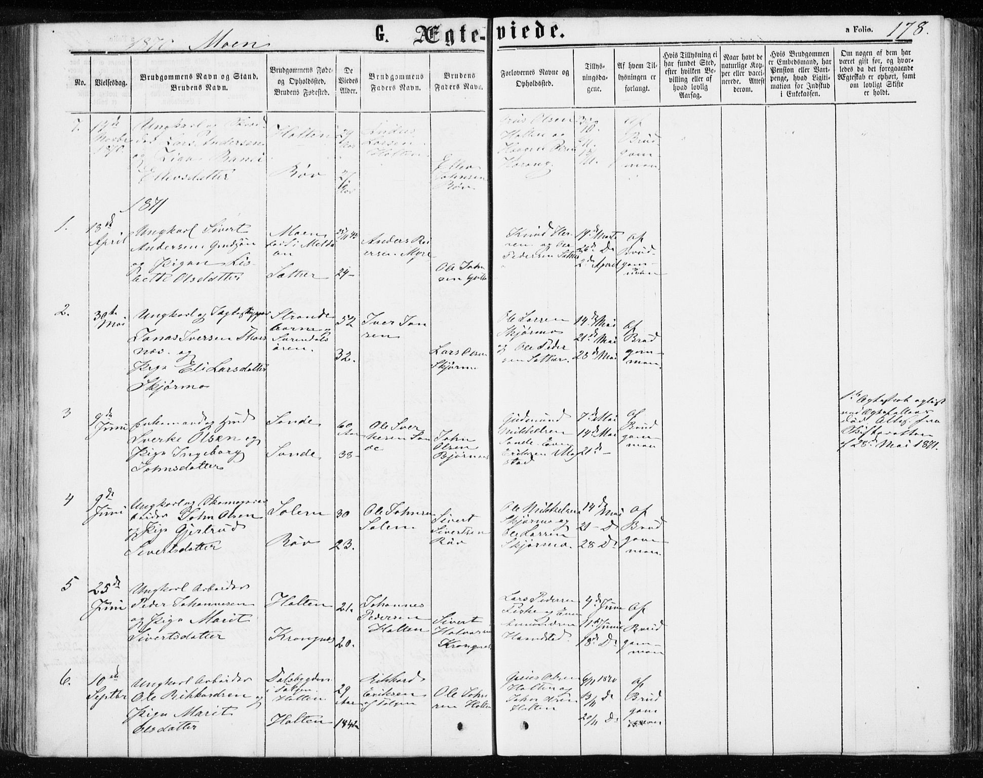 Ministerialprotokoller, klokkerbøker og fødselsregistre - Møre og Romsdal, SAT/A-1454/595/L1045: Parish register (official) no. 595A07, 1863-1873, p. 178