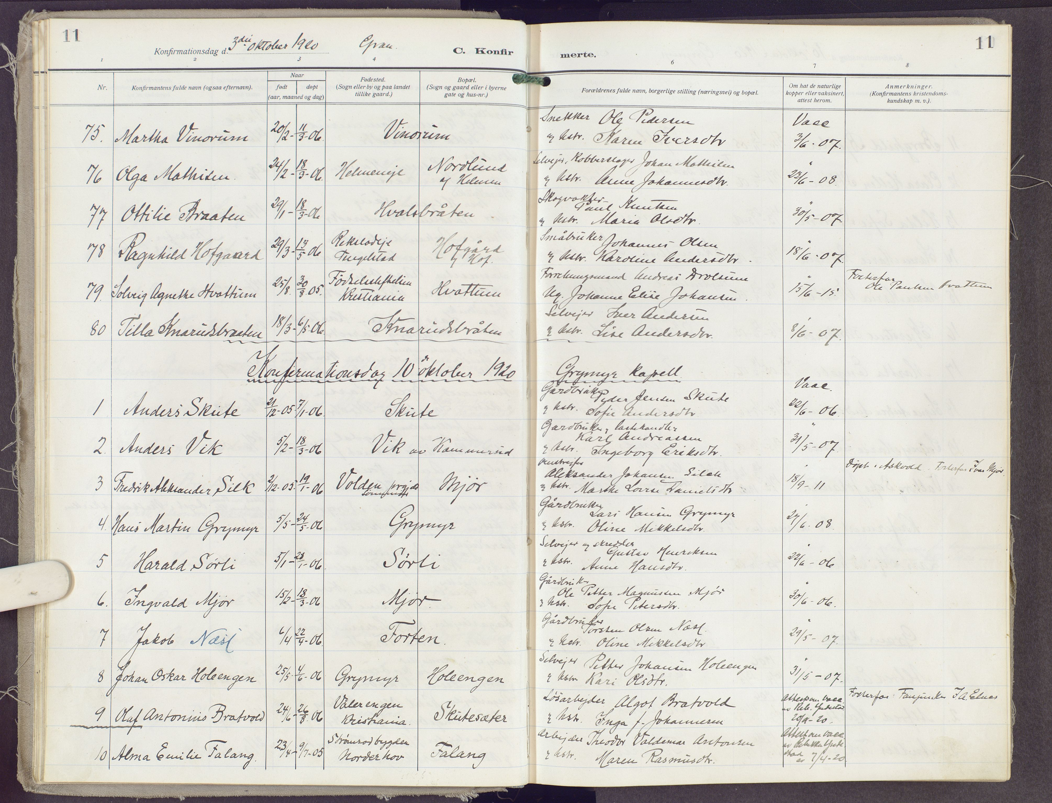 Gran prestekontor, SAH/PREST-112/H/Ha/Haa/L0023: Parish register (official) no. 23, 1919-1938, p. 11