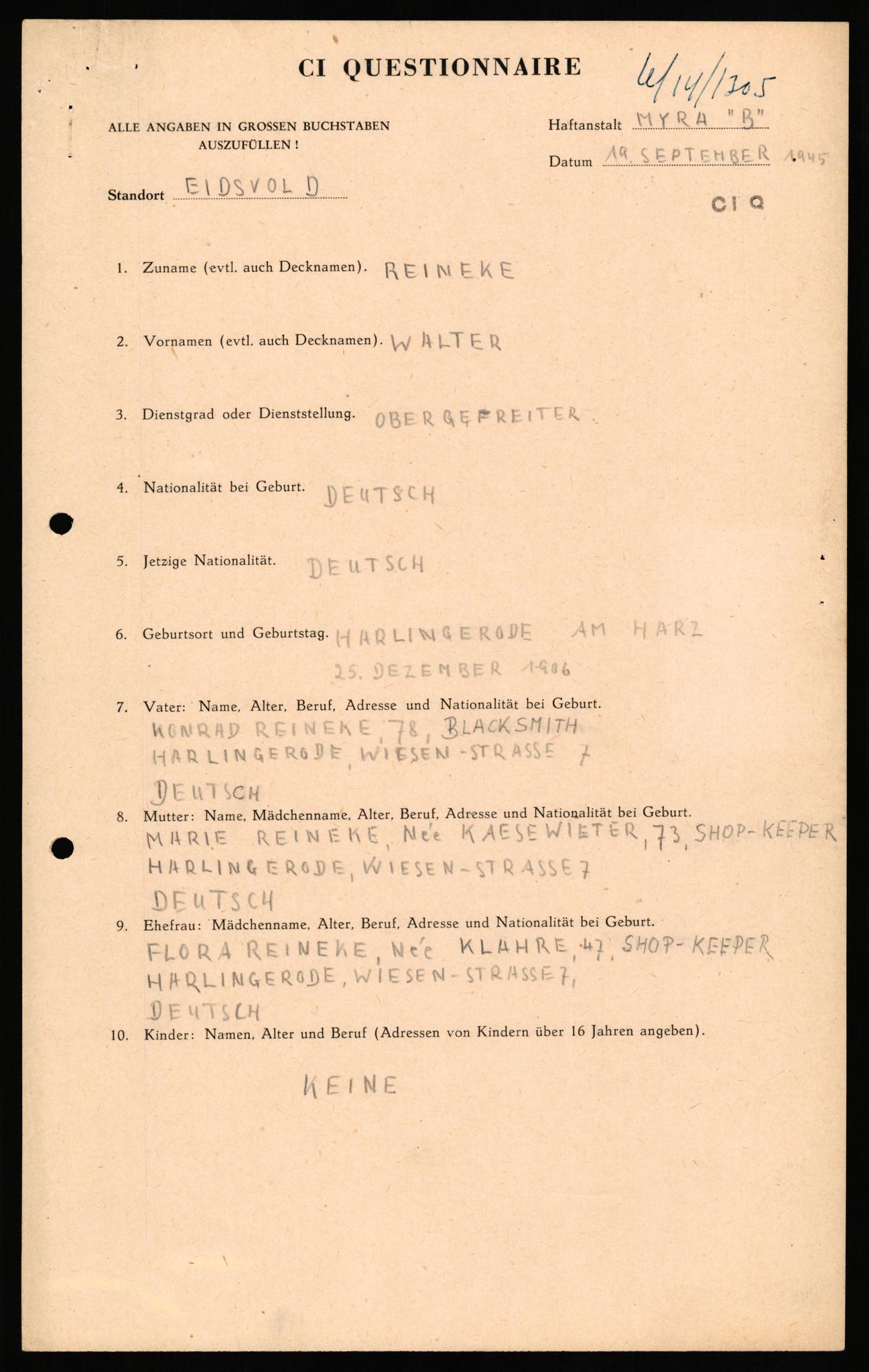 Forsvaret, Forsvarets overkommando II, RA/RAFA-3915/D/Db/L0027: CI Questionaires. Tyske okkupasjonsstyrker i Norge. Tyskere., 1945-1946, p. 142