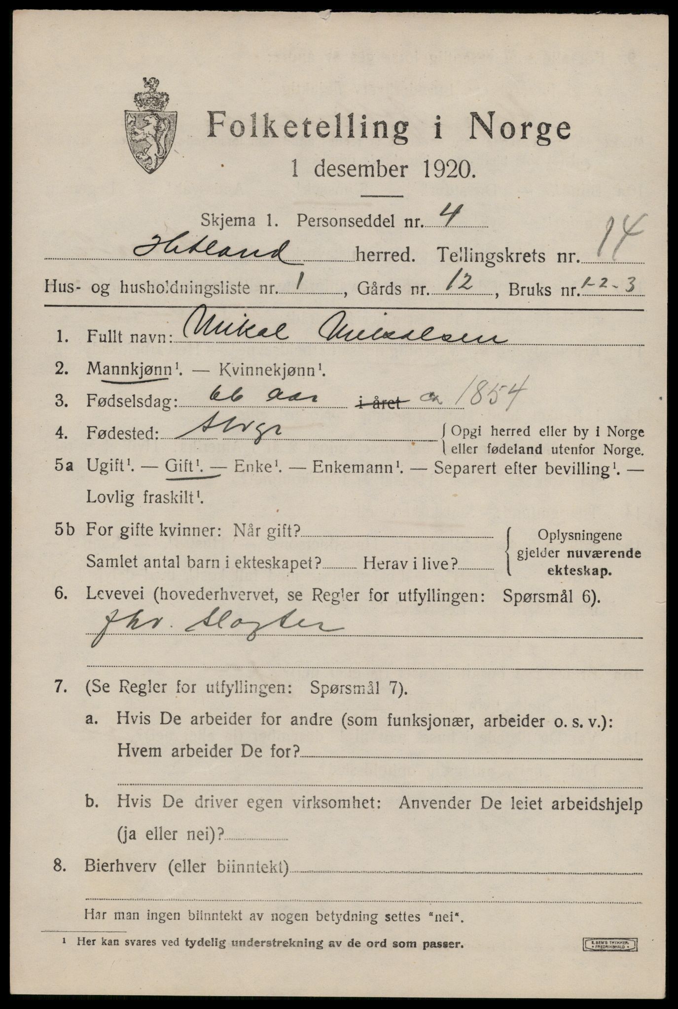 SAST, 1920 census for Hetland, 1920, p. 22219