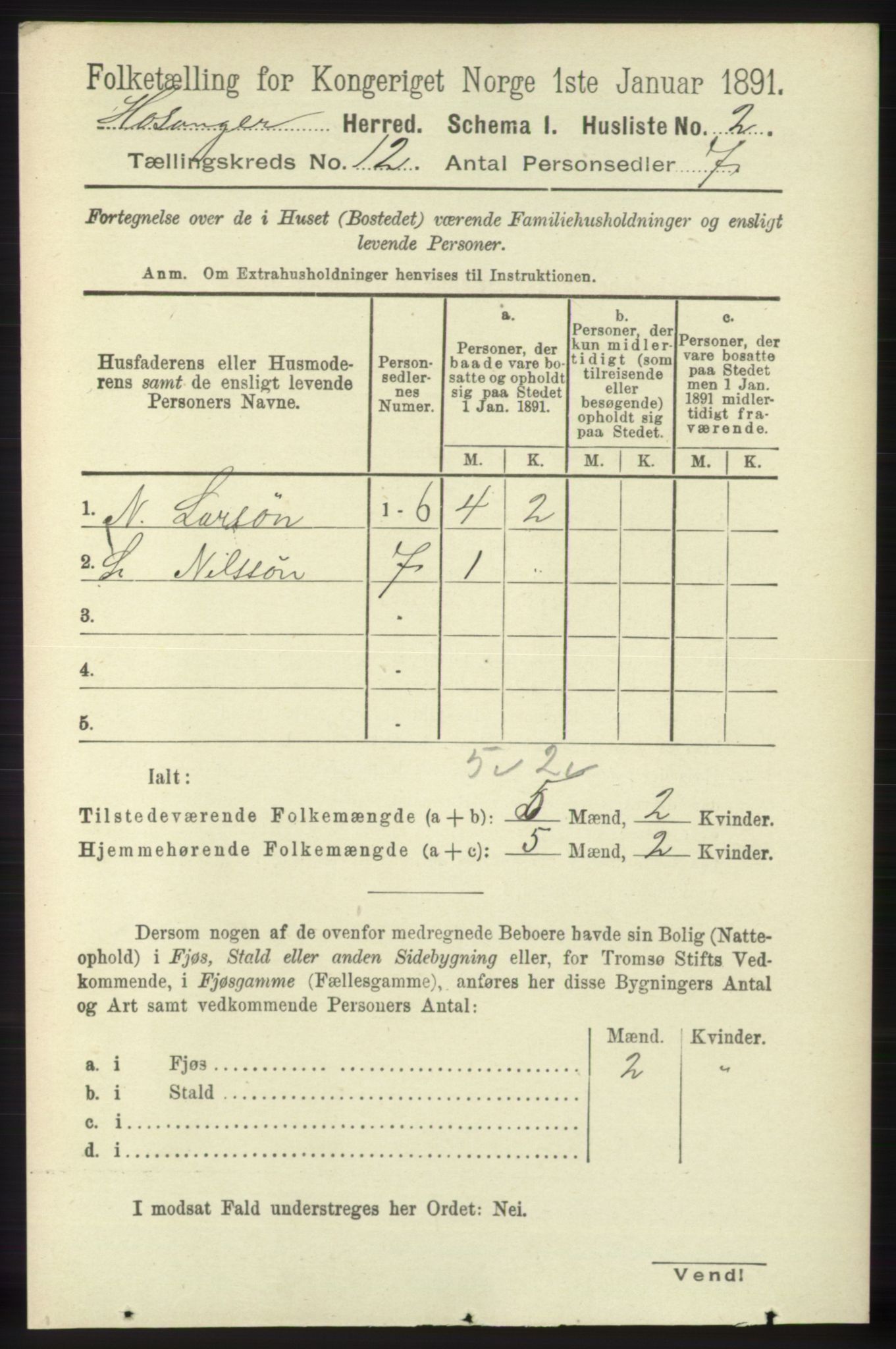 RA, 1891 census for 1253 Hosanger, 1891, p. 3962