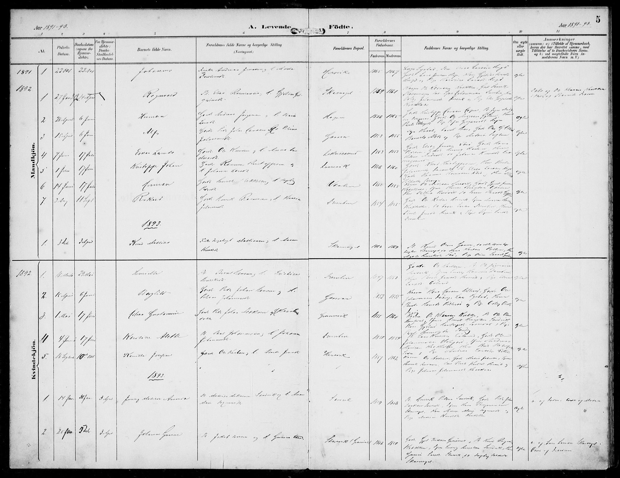 Solund sokneprestembete, SAB/A-81401: Parish register (official) no. B  1, 1891-1901, p. 5