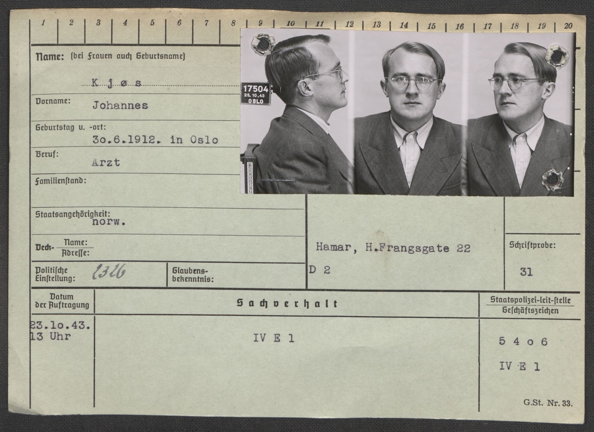 Befehlshaber der Sicherheitspolizei und des SD, AV/RA-RAFA-5969/E/Ea/Eaa/L0006: Register over norske fanger i Møllergata 19: Kj-Lund, 1940-1945, p. 66