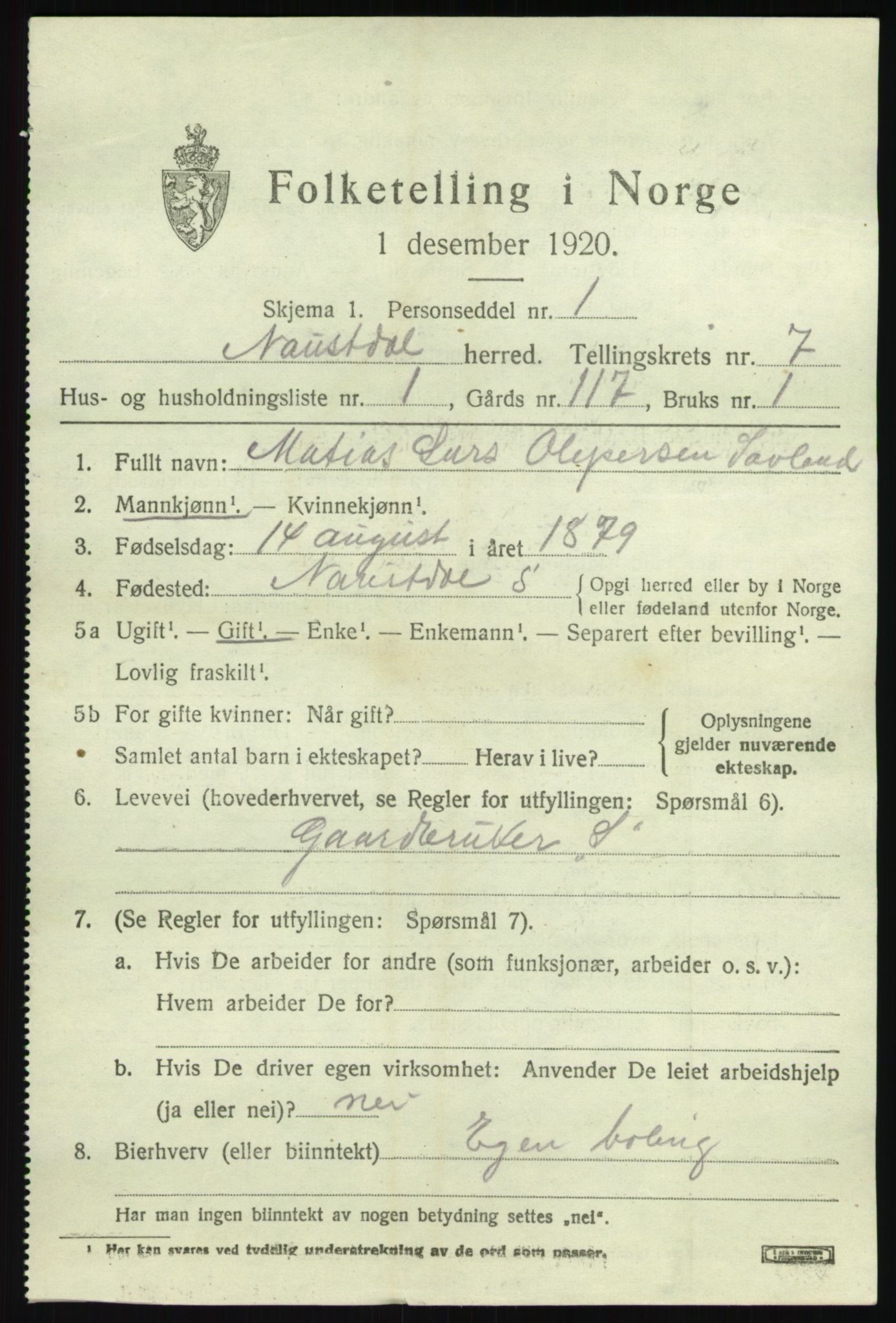 SAB, 1920 census for Naustdal, 1920, p. 4167