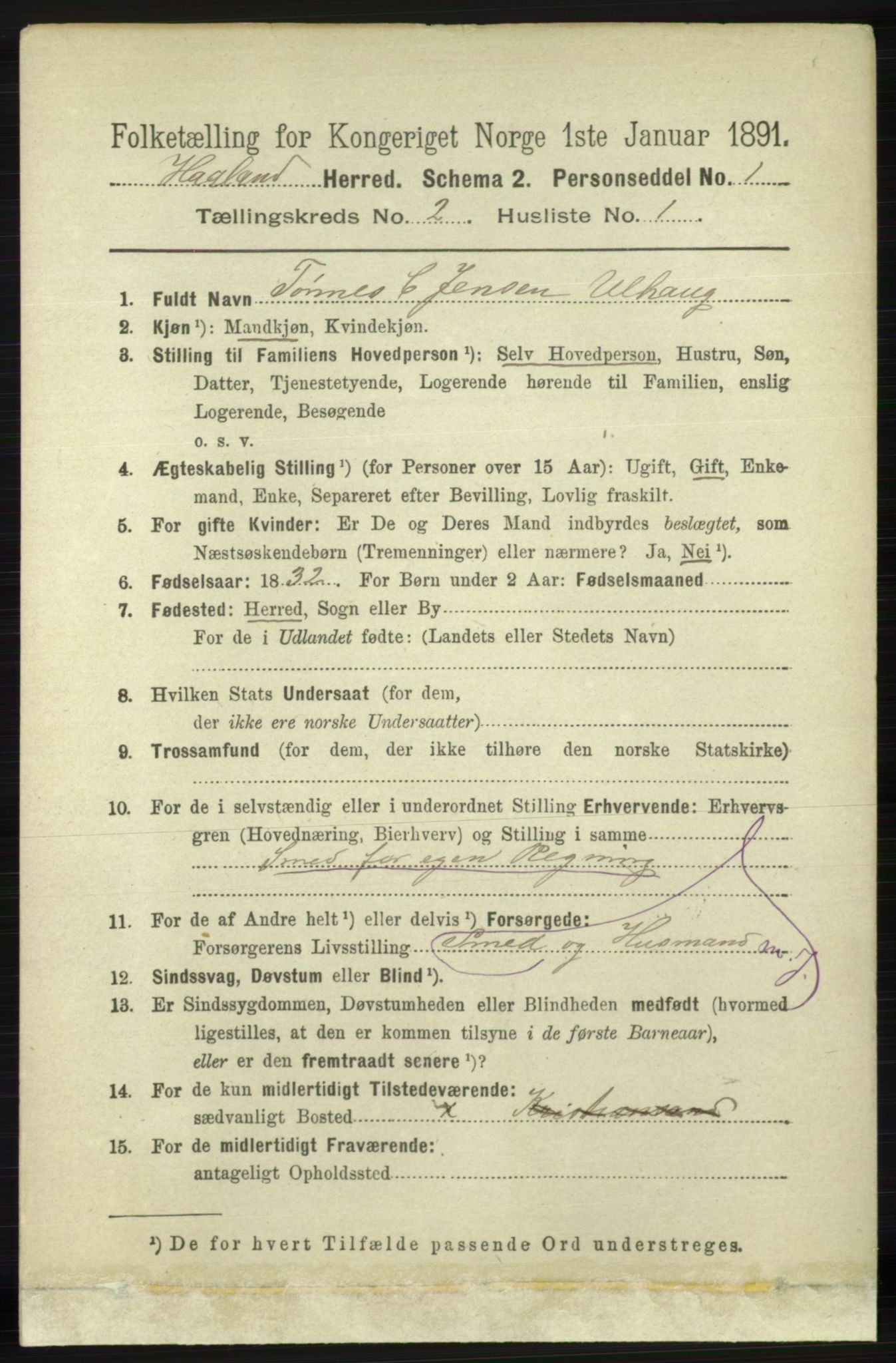RA, 1891 census for 1124 Haaland, 1891, p. 981