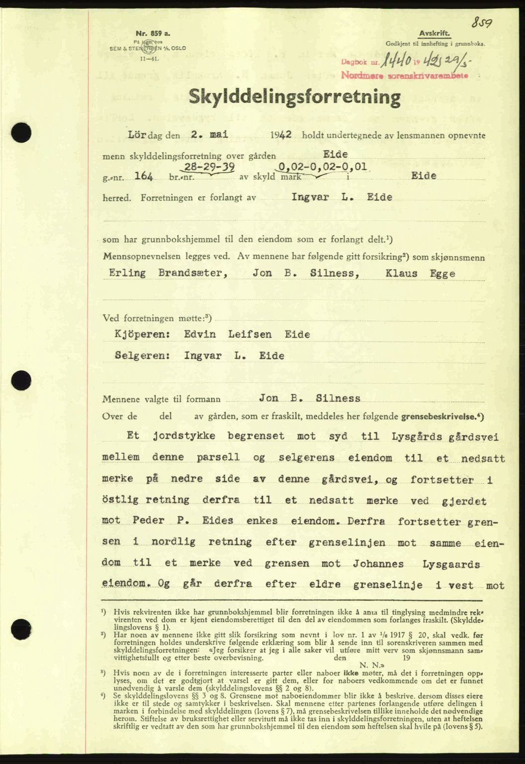 Nordmøre sorenskriveri, AV/SAT-A-4132/1/2/2Ca: Mortgage book no. A92, 1942-1942, Diary no: : 1440/1942