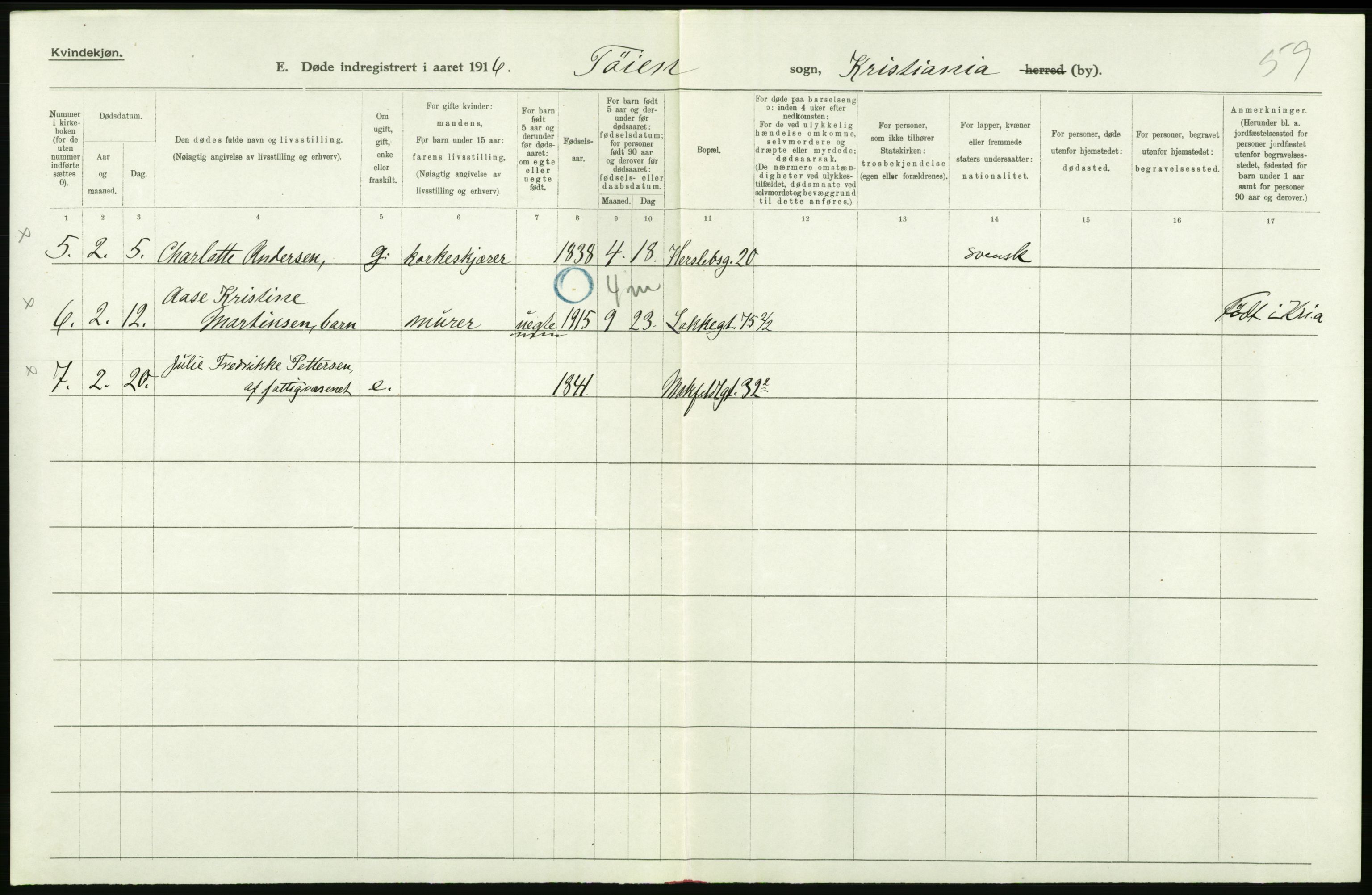 Statistisk sentralbyrå, Sosiodemografiske emner, Befolkning, AV/RA-S-2228/D/Df/Dfb/Dfbf/L0009: Kristiania: Døde., 1916, p. 454