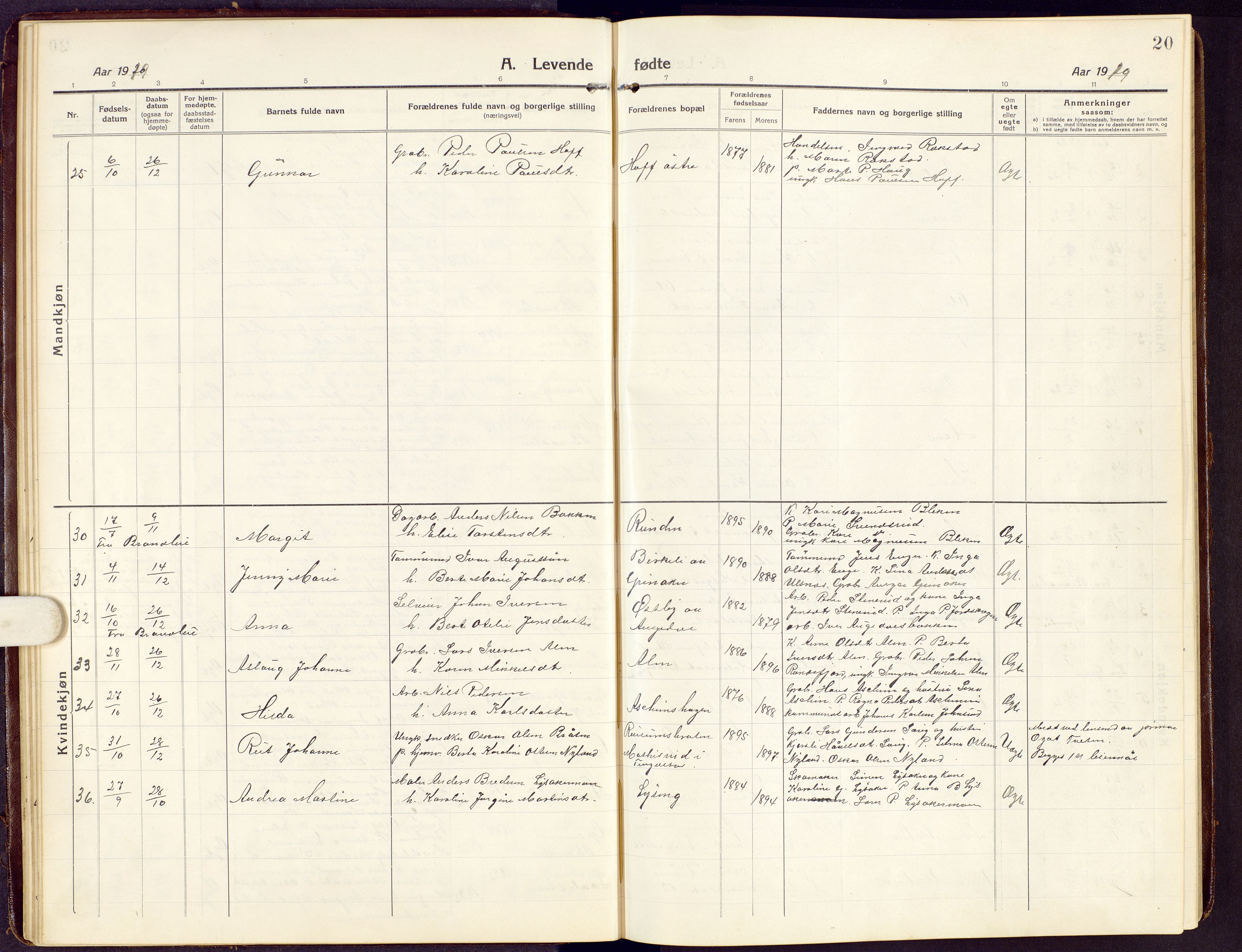 Brandbu prestekontor, AV/SAH-PREST-114/H/Ha/Hab/L0010: Parish register (copy) no. 10, 1916-1930, p. 20