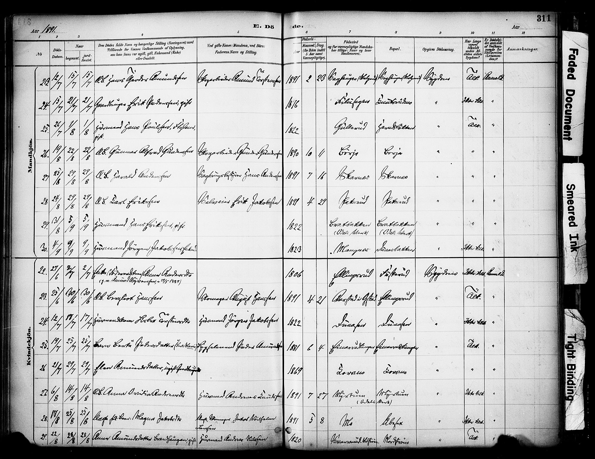 Sør-Odal prestekontor, SAH/PREST-030/H/Ha/Haa/L0007: Parish register (official) no. 7, 1886-1925, p. 311