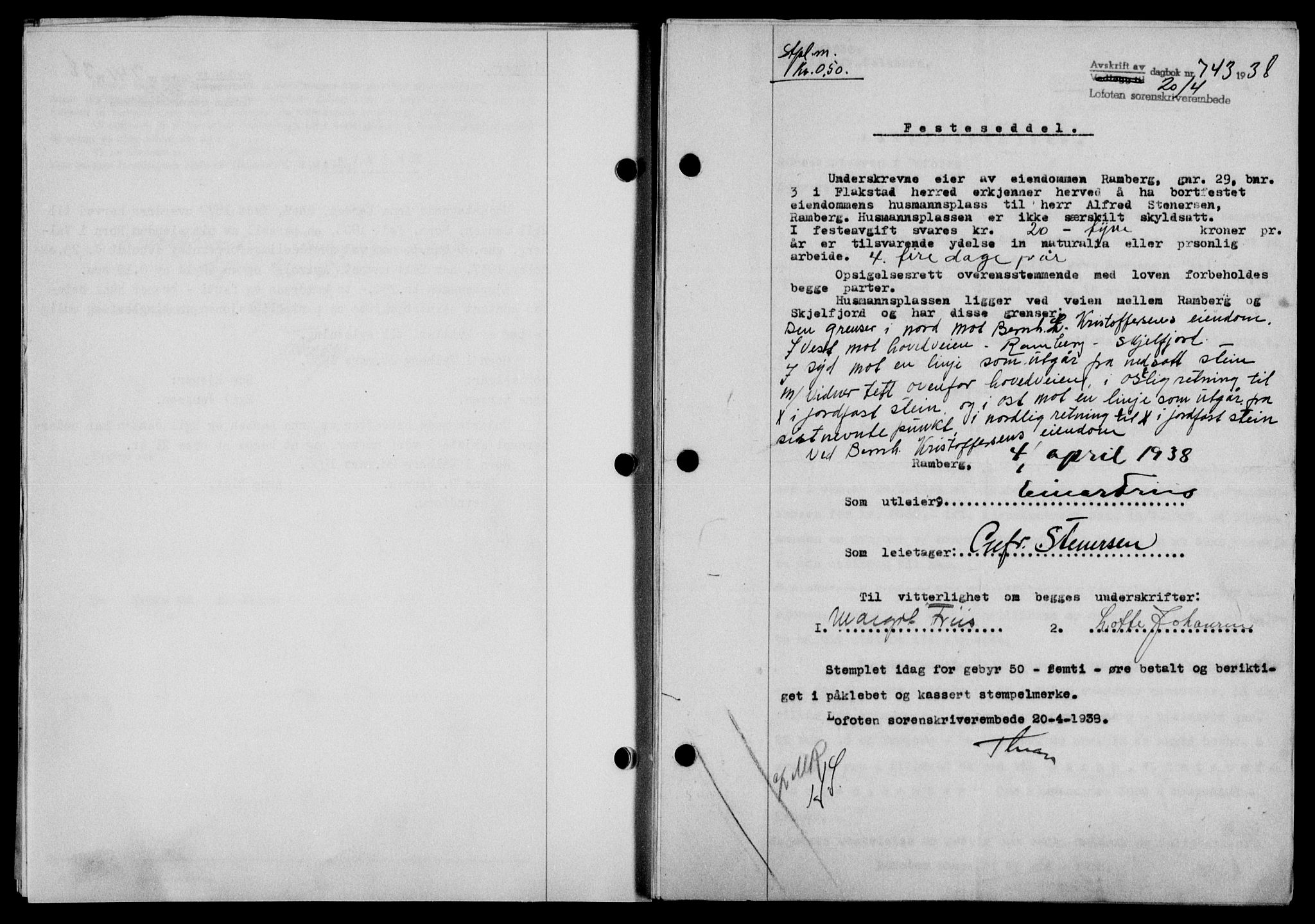 Lofoten sorenskriveri, SAT/A-0017/1/2/2C/L0004a: Mortgage book no. 4a, 1938-1938, Diary no: : 743/1938