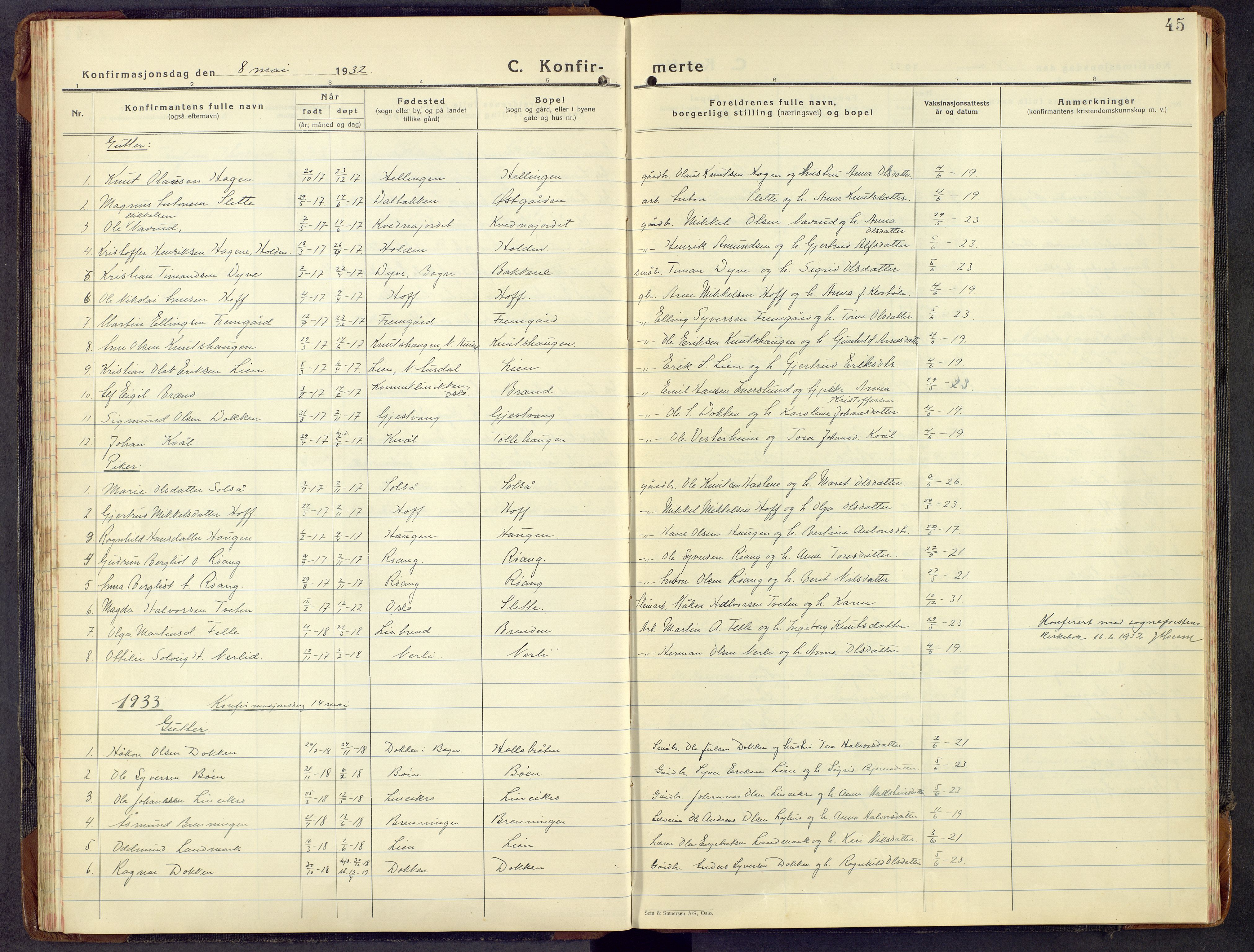 Sør-Aurdal prestekontor, SAH/PREST-128/H/Ha/Hab/L0013: Parish register (copy) no. 13, 1930-1972, p. 45