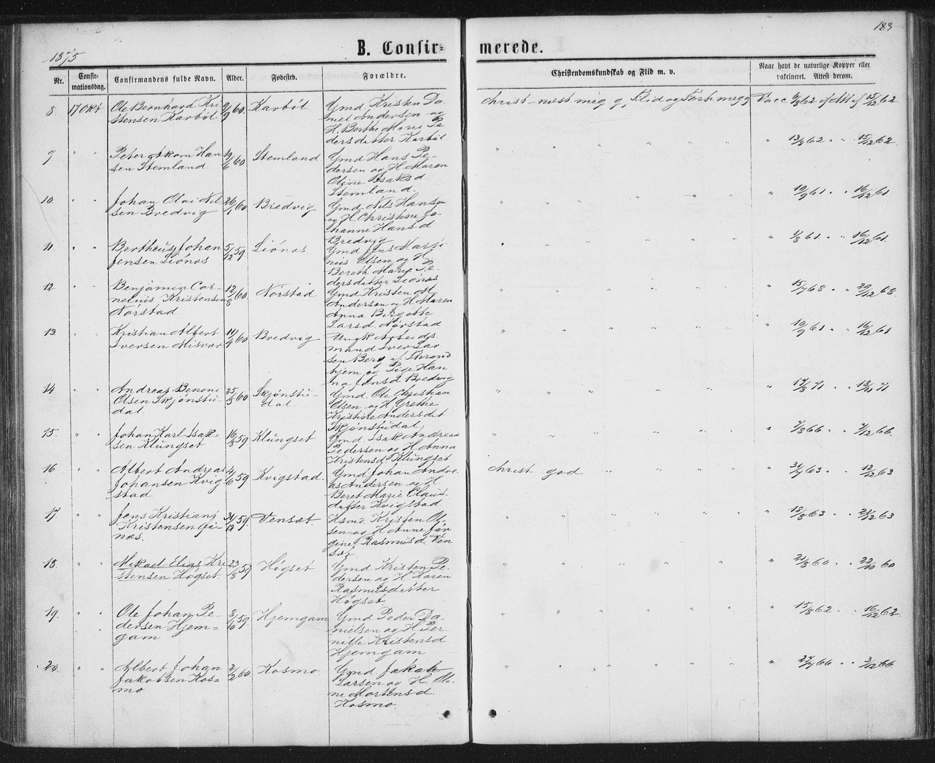 Ministerialprotokoller, klokkerbøker og fødselsregistre - Nordland, AV/SAT-A-1459/852/L0739: Parish register (official) no. 852A09, 1866-1877, p. 183