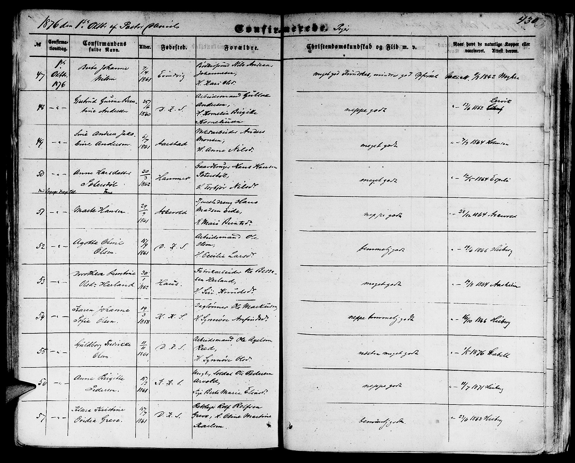 Domkirken sokneprestembete, AV/SAB-A-74801/H/Hab/L0023: Parish register (copy) no. C 3, 1854-1880, p. 430