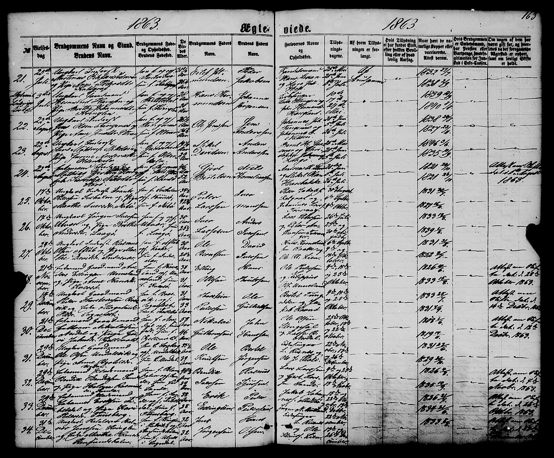 Gulen sokneprestembete, AV/SAB-A-80201/H/Haa/Haaa/L0022: Parish register (official) no. A 22, 1859-1869, p. 163