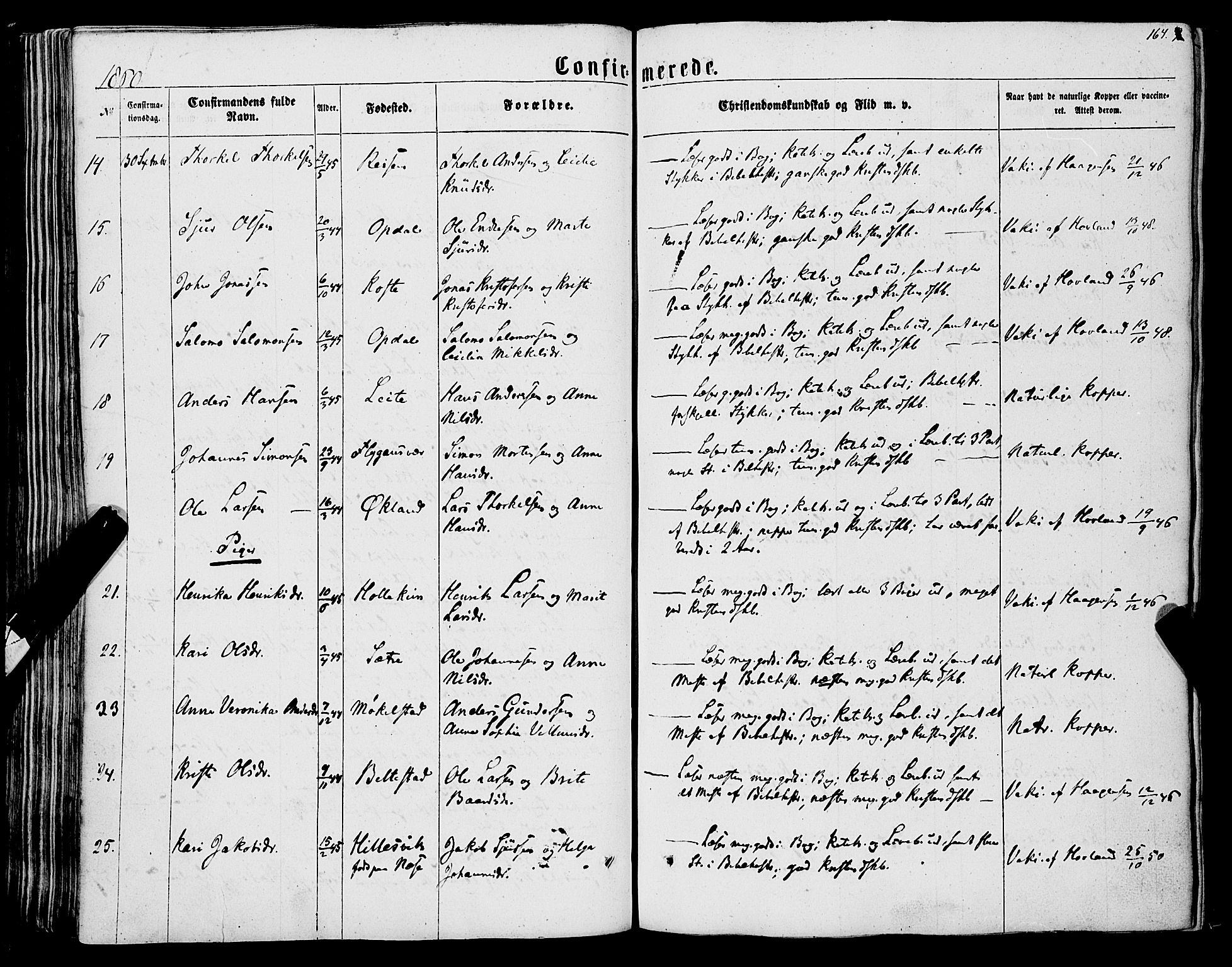 Tysnes sokneprestembete, SAB/A-78601/H/Haa: Parish register (official) no. A 11, 1860-1871, p. 164