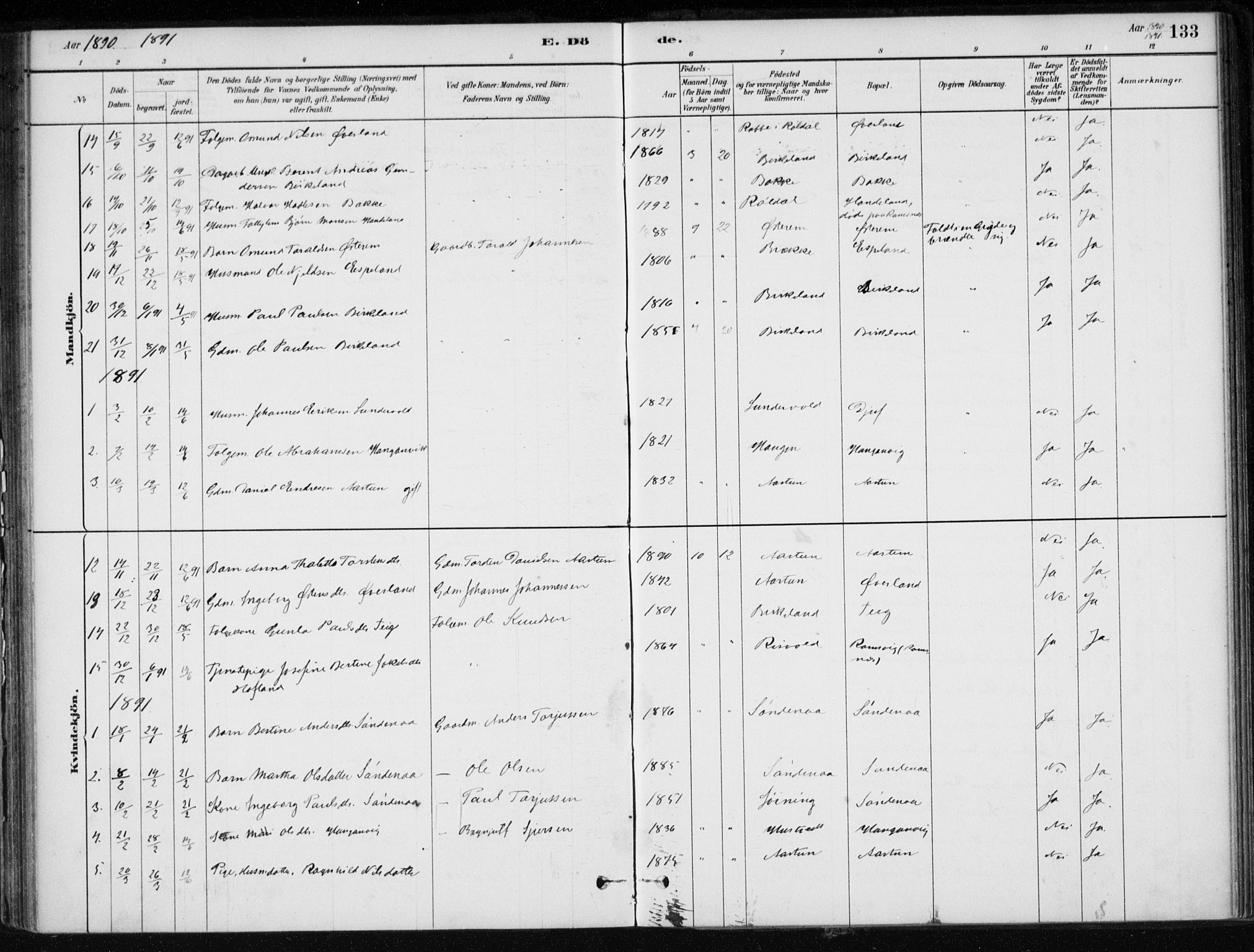 Sand sokneprestkontor, AV/SAST-A-101848/01/III/L0006: Parish register (official) no. A 6, 1880-1898, p. 133