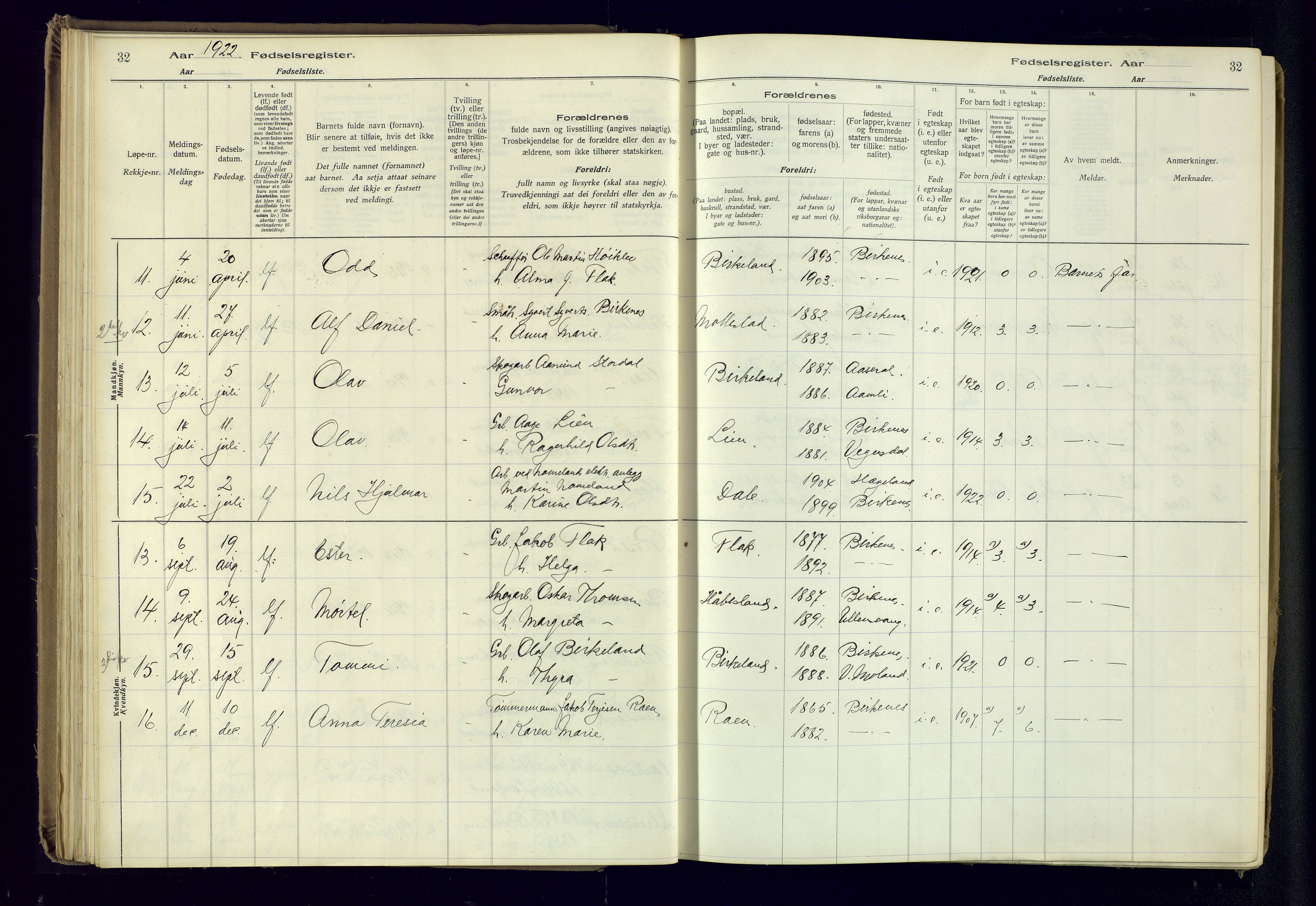 Birkenes sokneprestkontor, AV/SAK-1111-0004/J/Ja/L0001: Birth register no. II.6.4, 1916-1962, p. 32