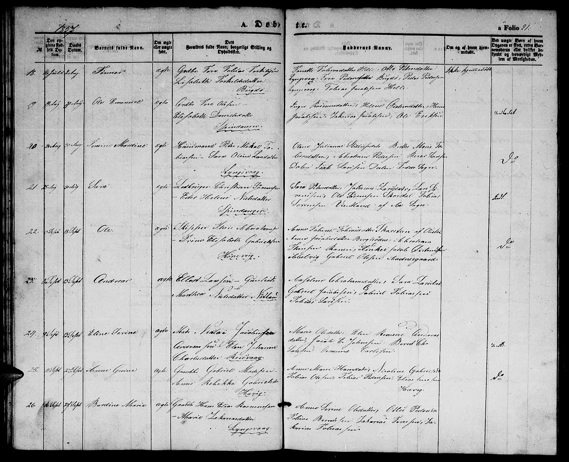 Herad sokneprestkontor, AV/SAK-1111-0018/F/Fb/Fbb/L0002: Parish register (copy) no. B 2, 1853-1871, p. 21