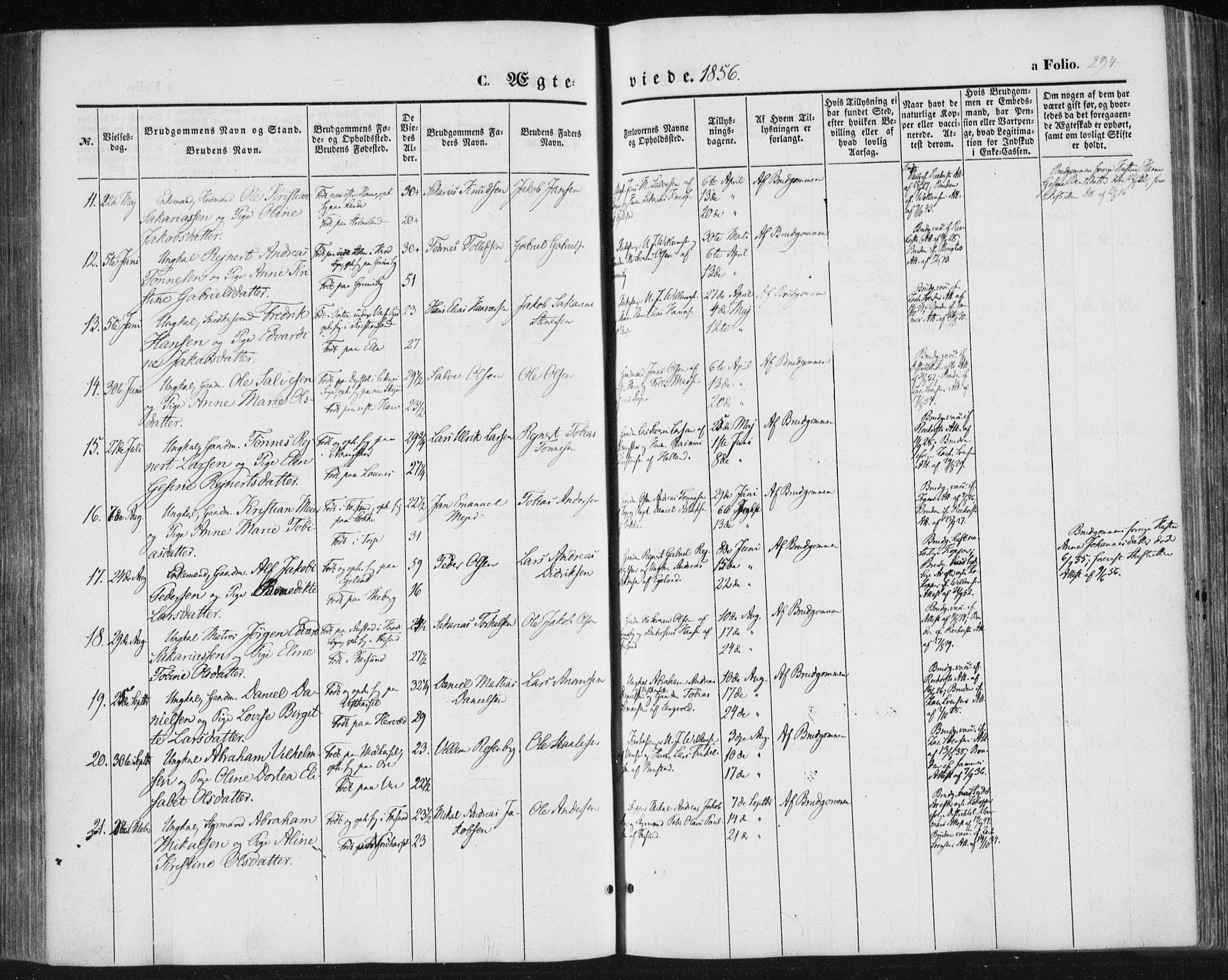 Lista sokneprestkontor, AV/SAK-1111-0027/F/Fa/L0010: Parish register (official) no. A 10, 1846-1861, p. 294