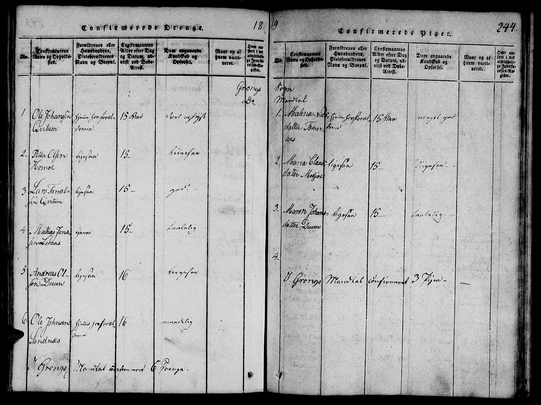 Ministerialprotokoller, klokkerbøker og fødselsregistre - Nord-Trøndelag, AV/SAT-A-1458/764/L0546: Parish register (official) no. 764A06 /1, 1816-1823, p. 244