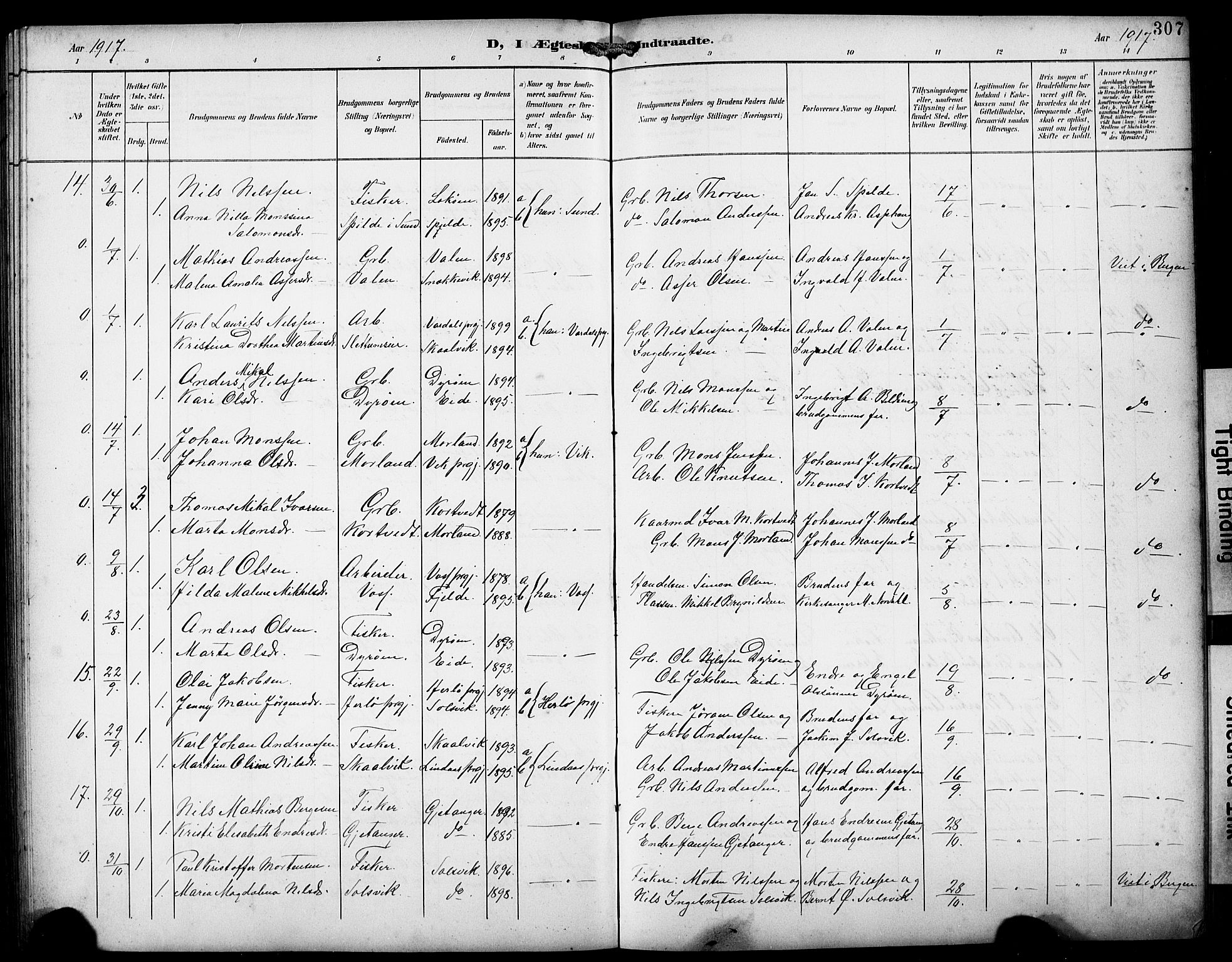 Fjell sokneprestembete, AV/SAB-A-75301/H/Hab: Parish register (copy) no. A 5, 1899-1918, p. 307